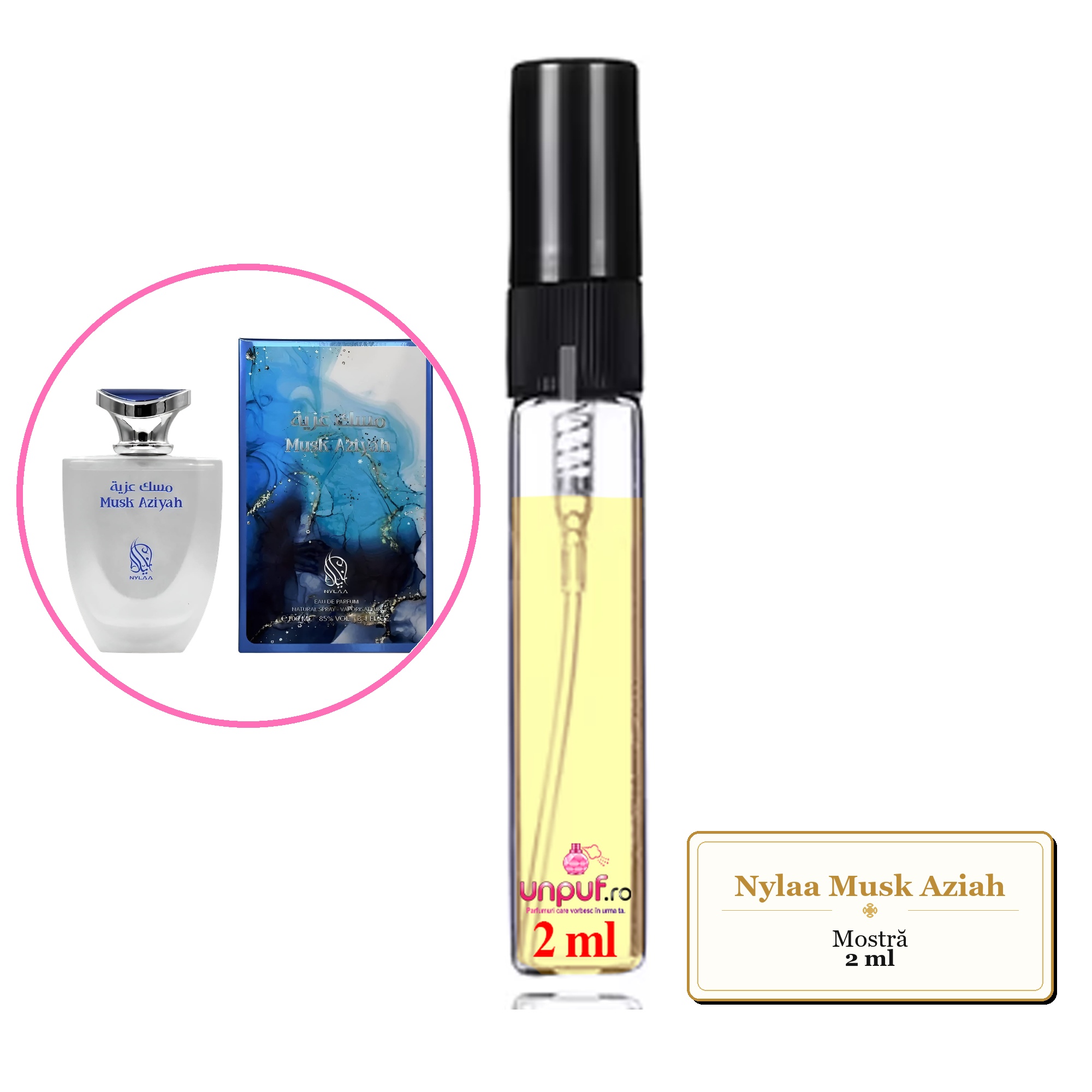 Mostra fiola din Parfumul Nylaa Musk Aziah, decant sticla cu pulverizator