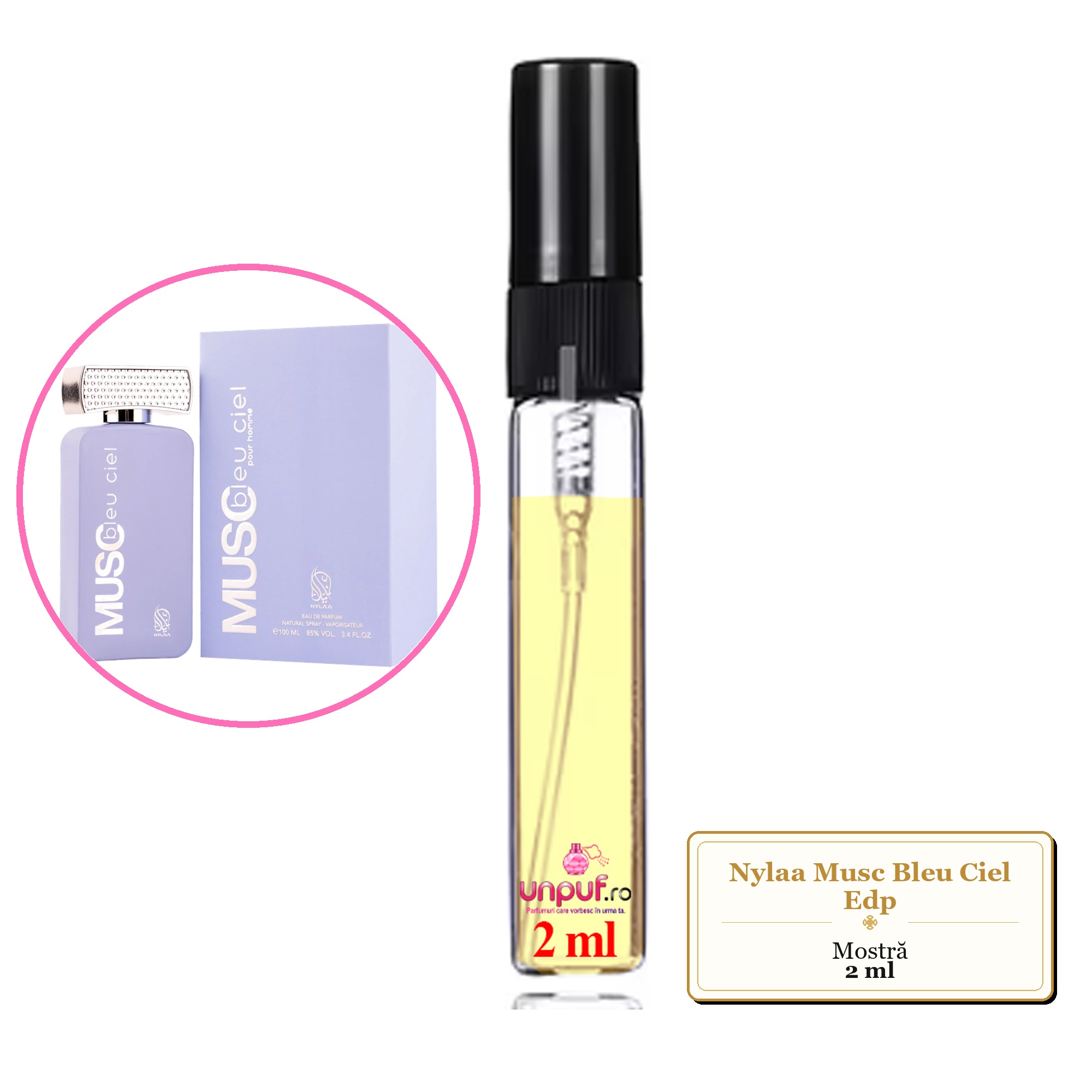 Mostra fiola din Parfumul Nylaa Musc Bleu Ciel Edp, decant sticla cu pulverizator 