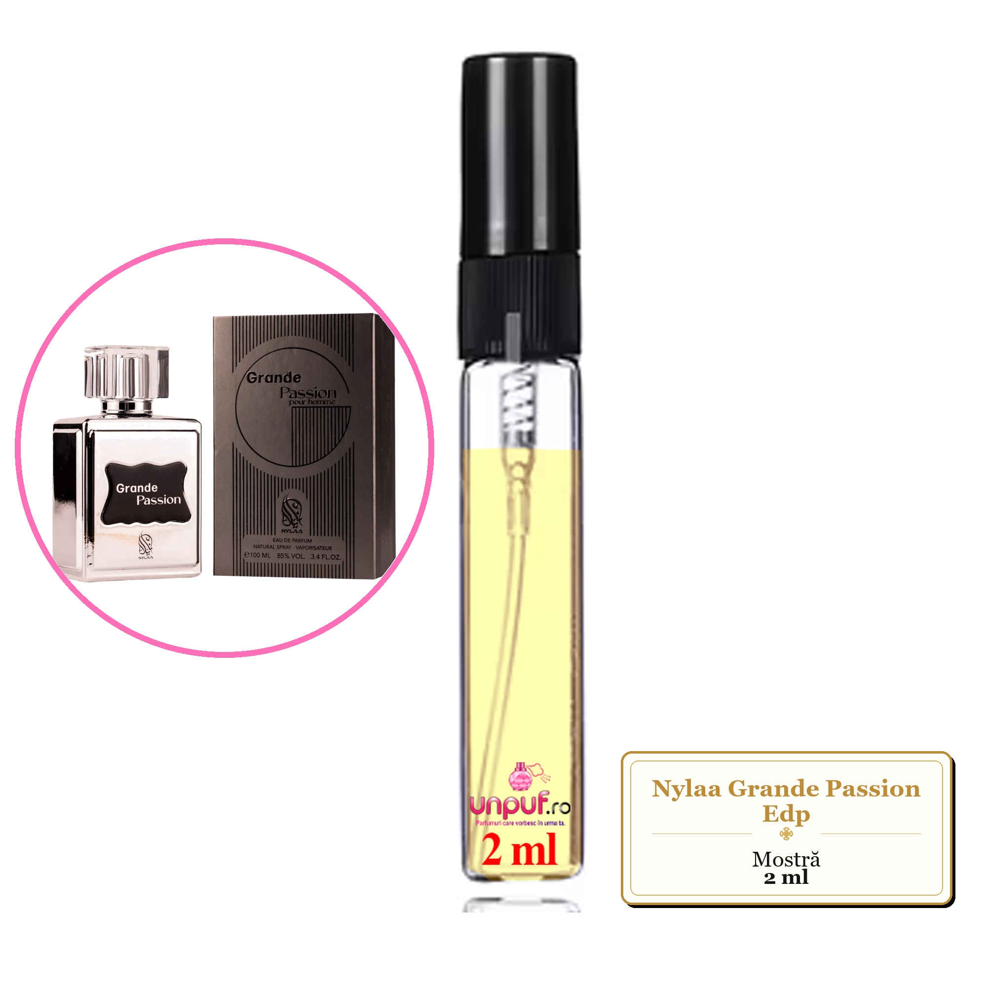 Mostra fiola din Parfumul Nylaa Grande Passion Edp, decant sticla cu pulverizator 