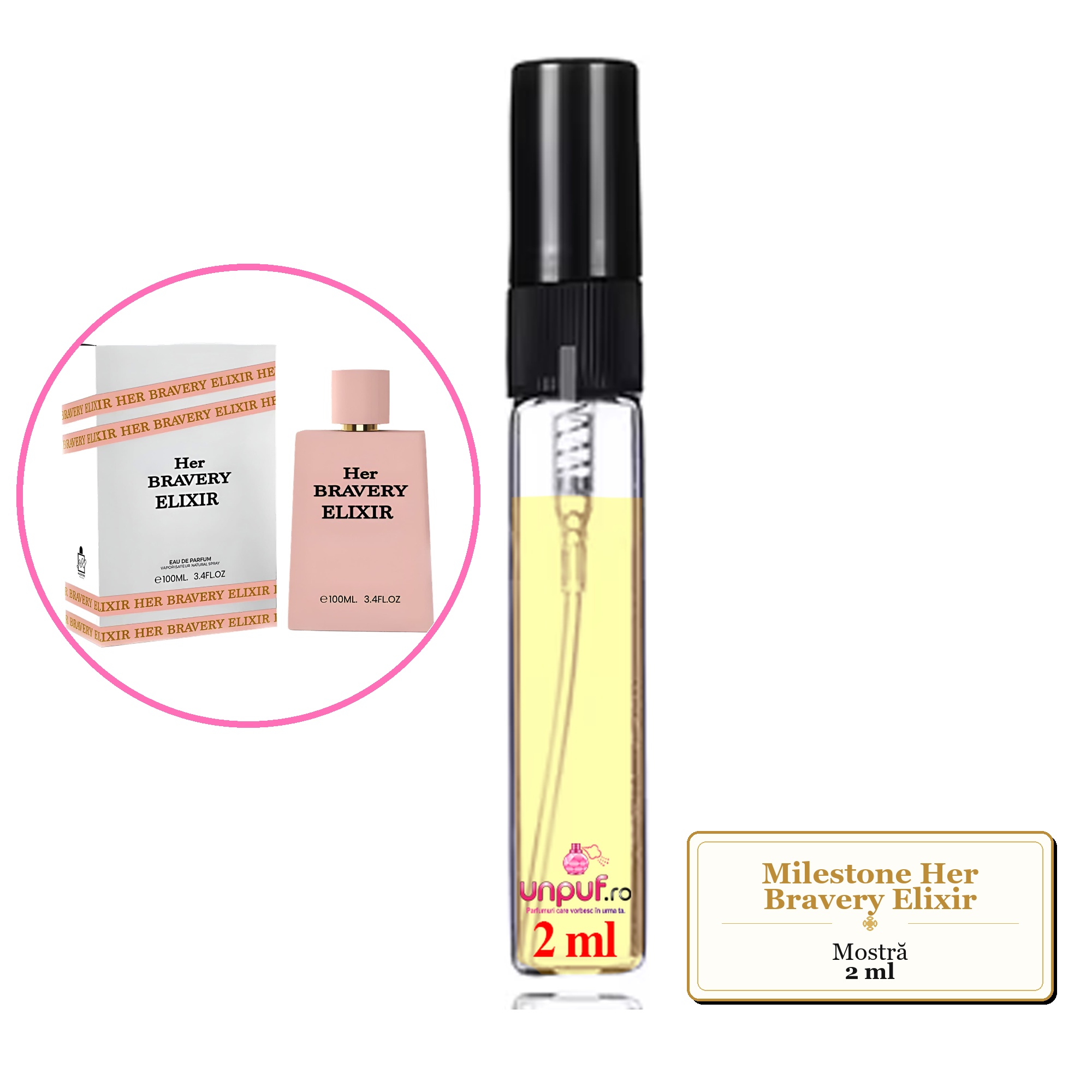 Mostra fiola din Parfumul Milestone Her Bravery Elixir, decant sticla cu pulverizator 