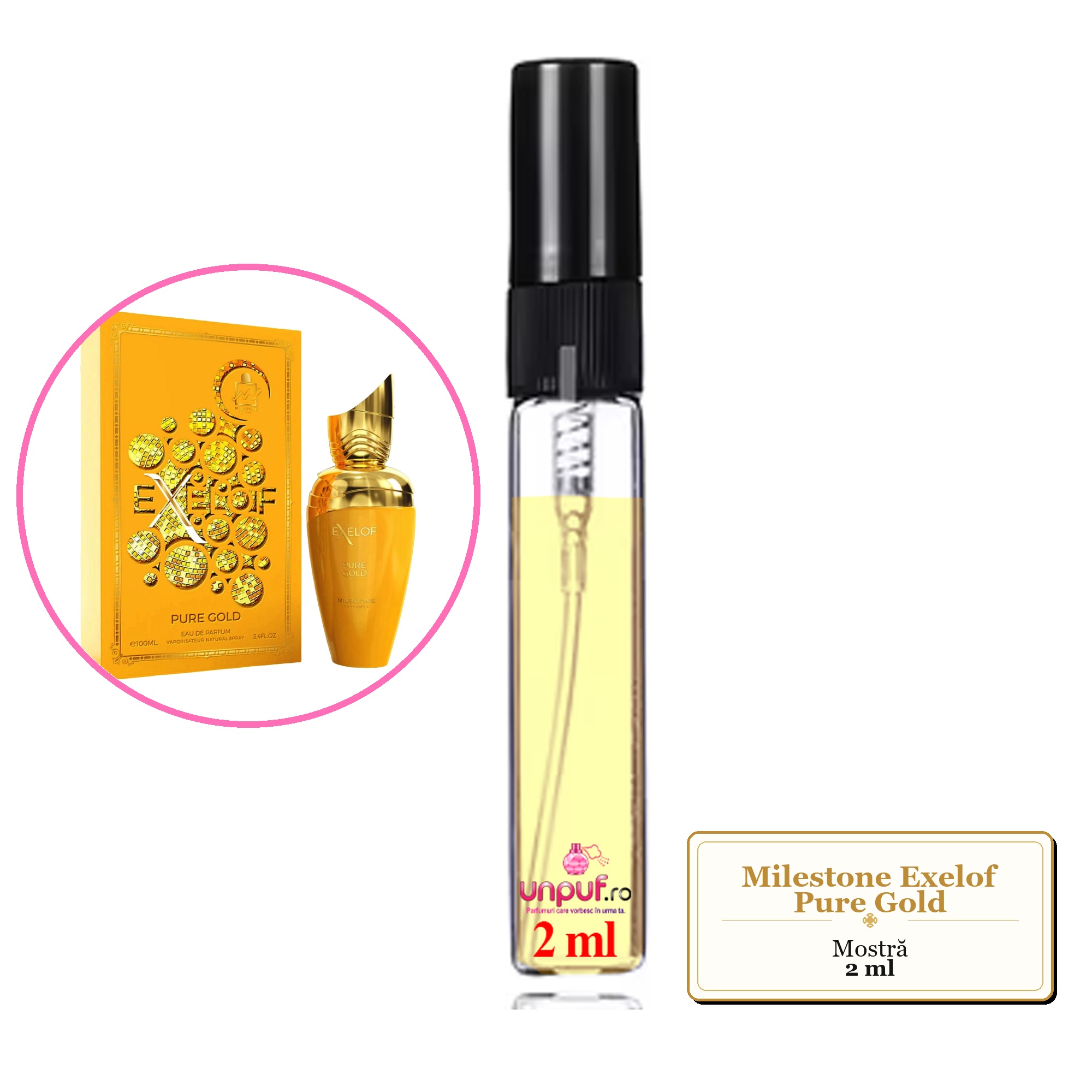 Mostra fiola din Parfumul Milestone Exelof Pure Gold, decant sticla cu pulverizator 