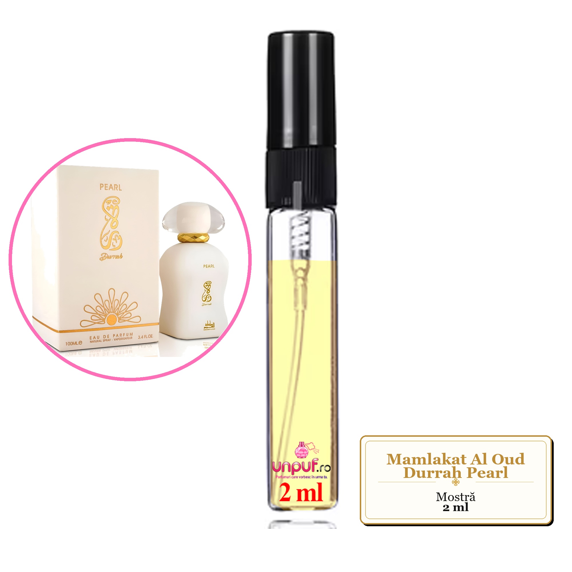 Mostra fiola din Parfumul Mamlakat Al Oud Durrah Pearl, decant sticla cu pulverizator