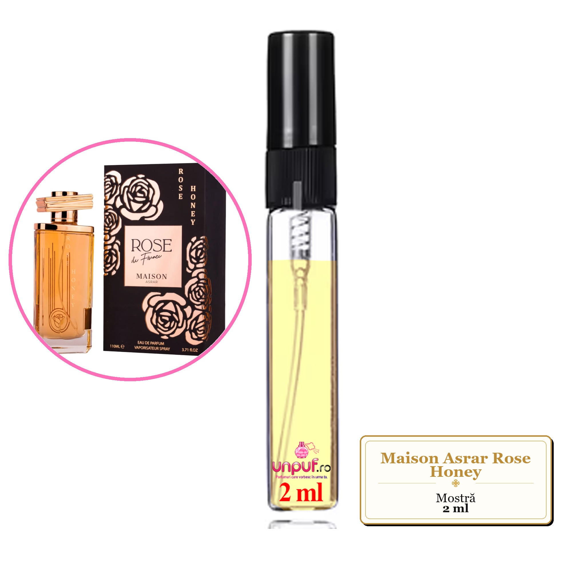 Mostra fiola din Parfumul Maison Asrar Rose Honey, decant sticla cu pulverizator 