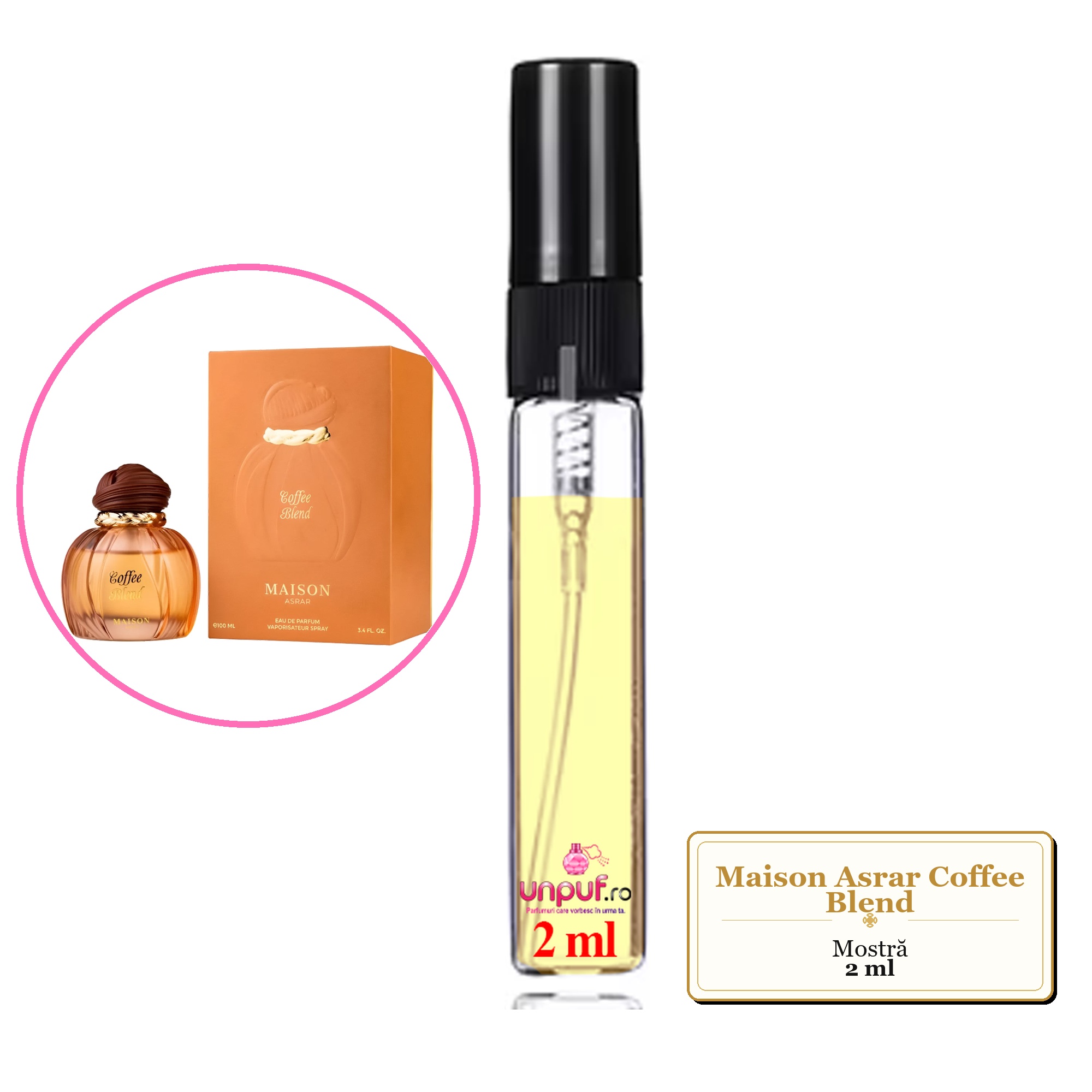 Mostra fiola din Parfumul Maison Asrar Coffee Blend, decant sticla cu pulverizator