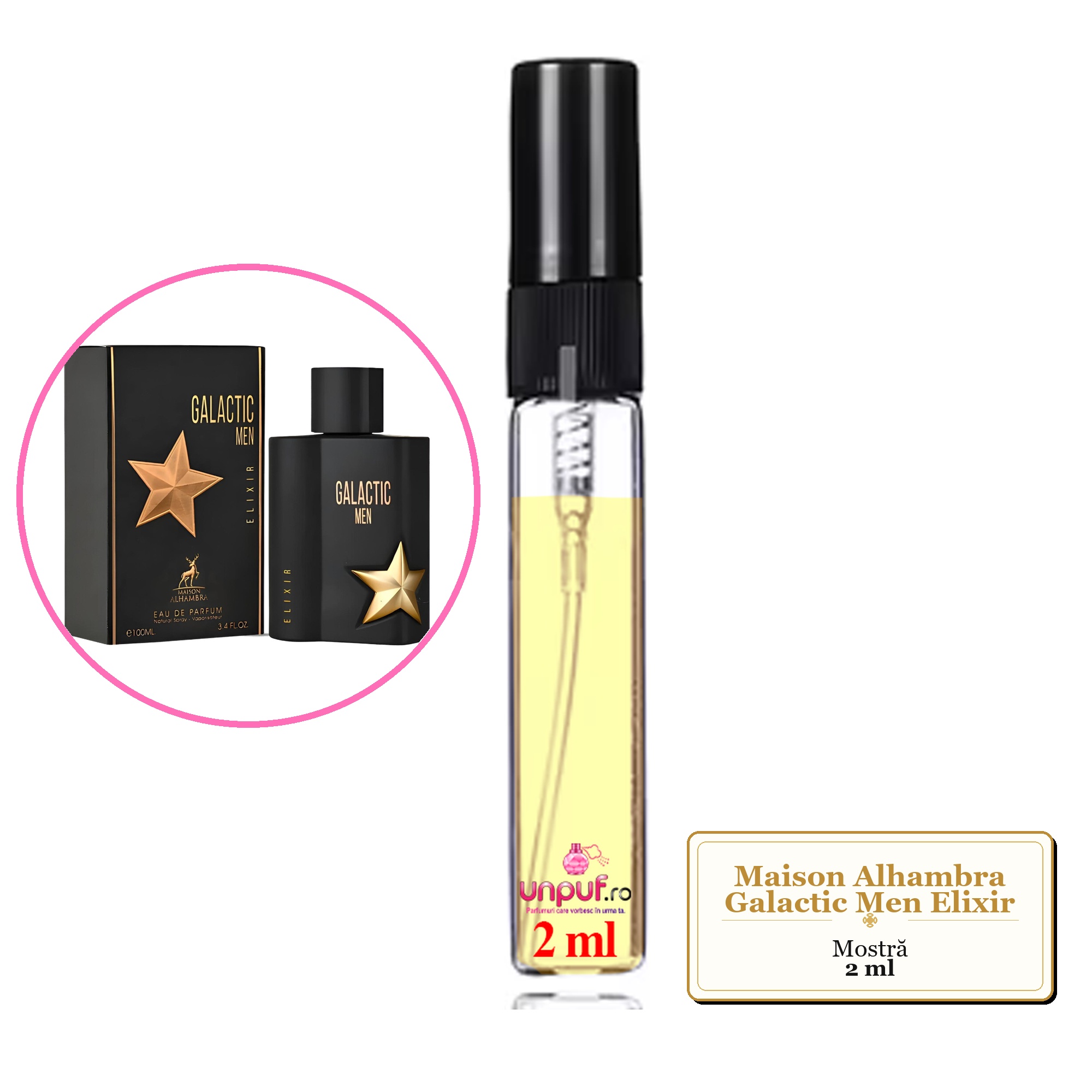 Mostra fiola din Parfumul Maison Alhambra Galactic Men Elixir, decant sticla cu pulverizator 