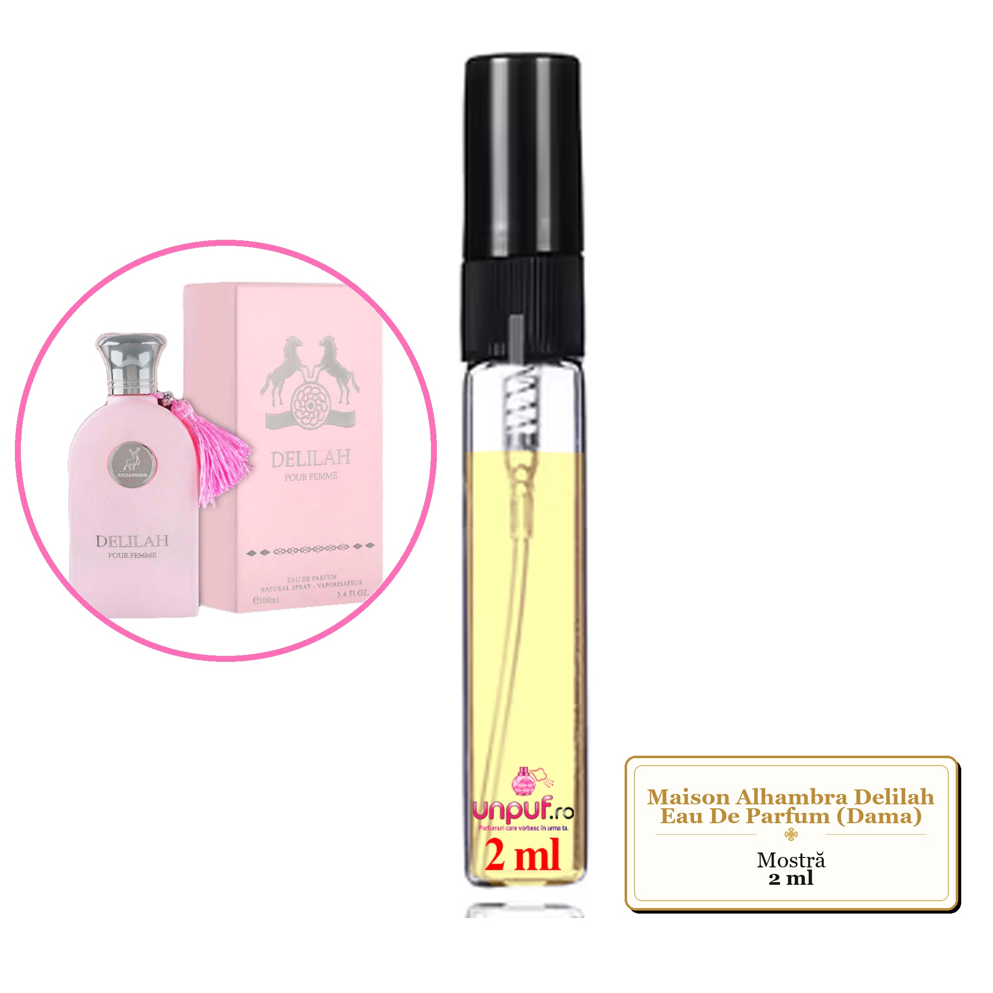 Mostra fiola din Parfumul Maison Alhambra Delilah Eau De Parfum (Dama), decant sticla cu pulverizator 