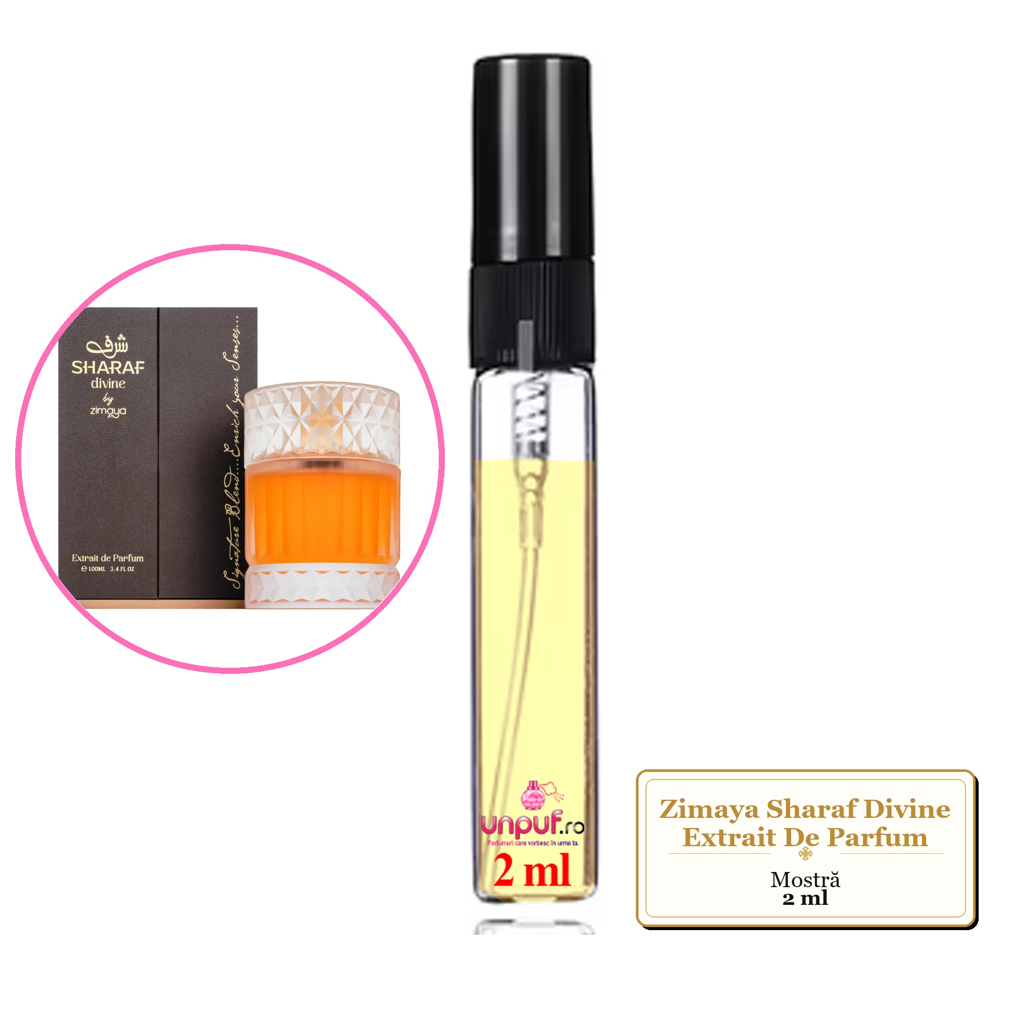 Mostra fiola din Parfumul Zimaya Sharaf Divine Extrait De Parfum, decant sticla cu pulverizator 