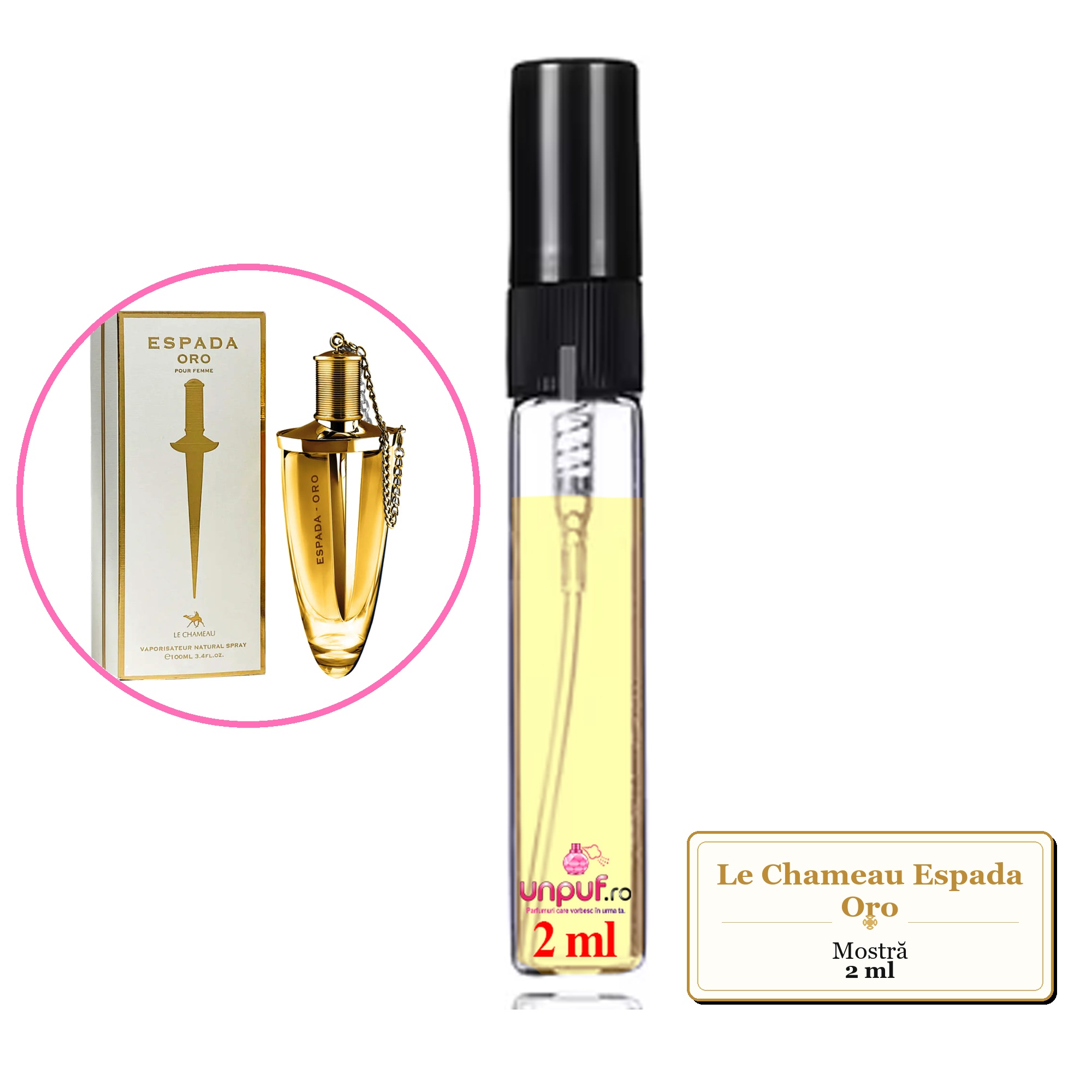 Mostra fiola din Parfumul Le Chameau Espada Oro, decant sticla cu pulverizator 