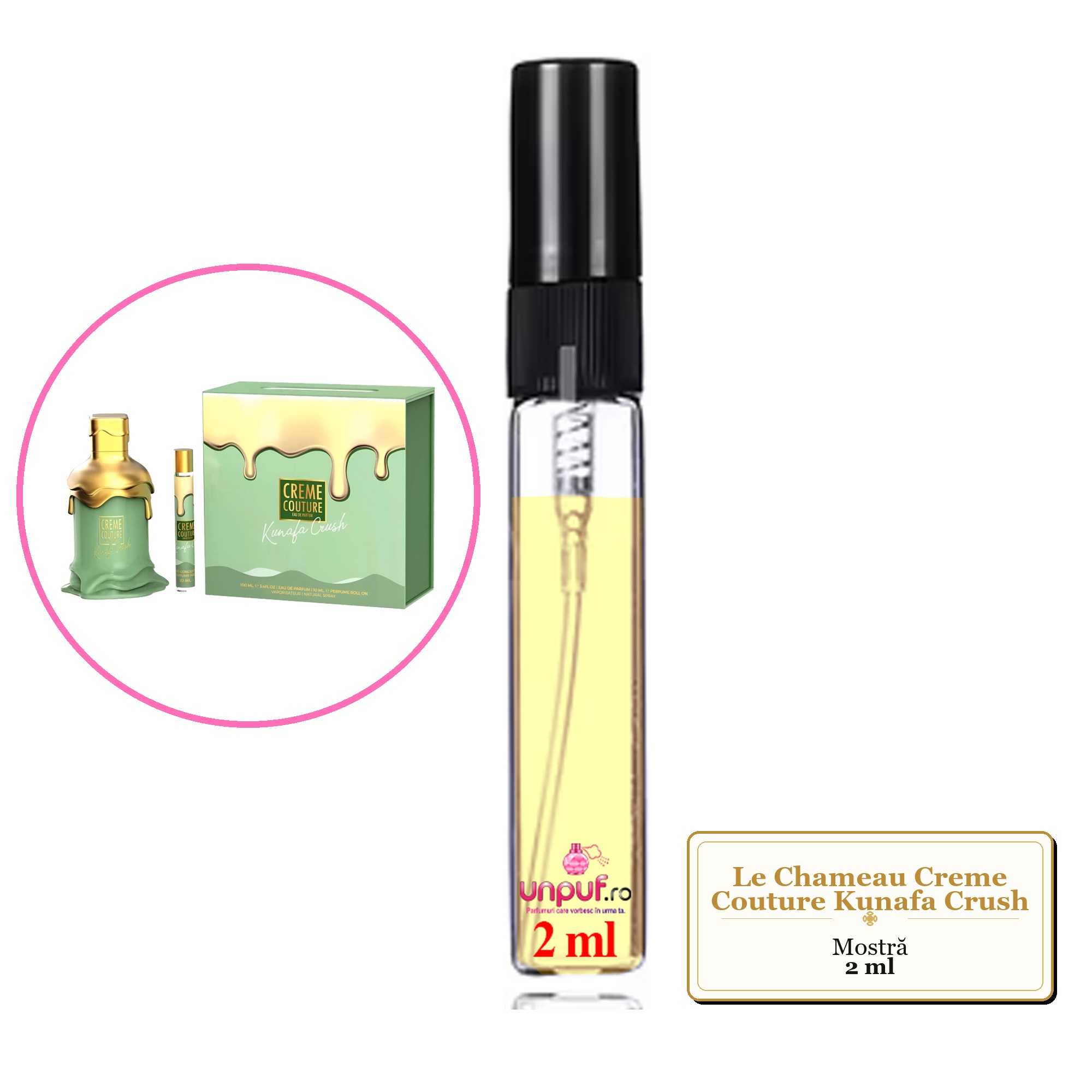 Mostra fiola din Parfumul Le Chameau Creme Couture Kunafa Crush, decant sticla cu pulverizator