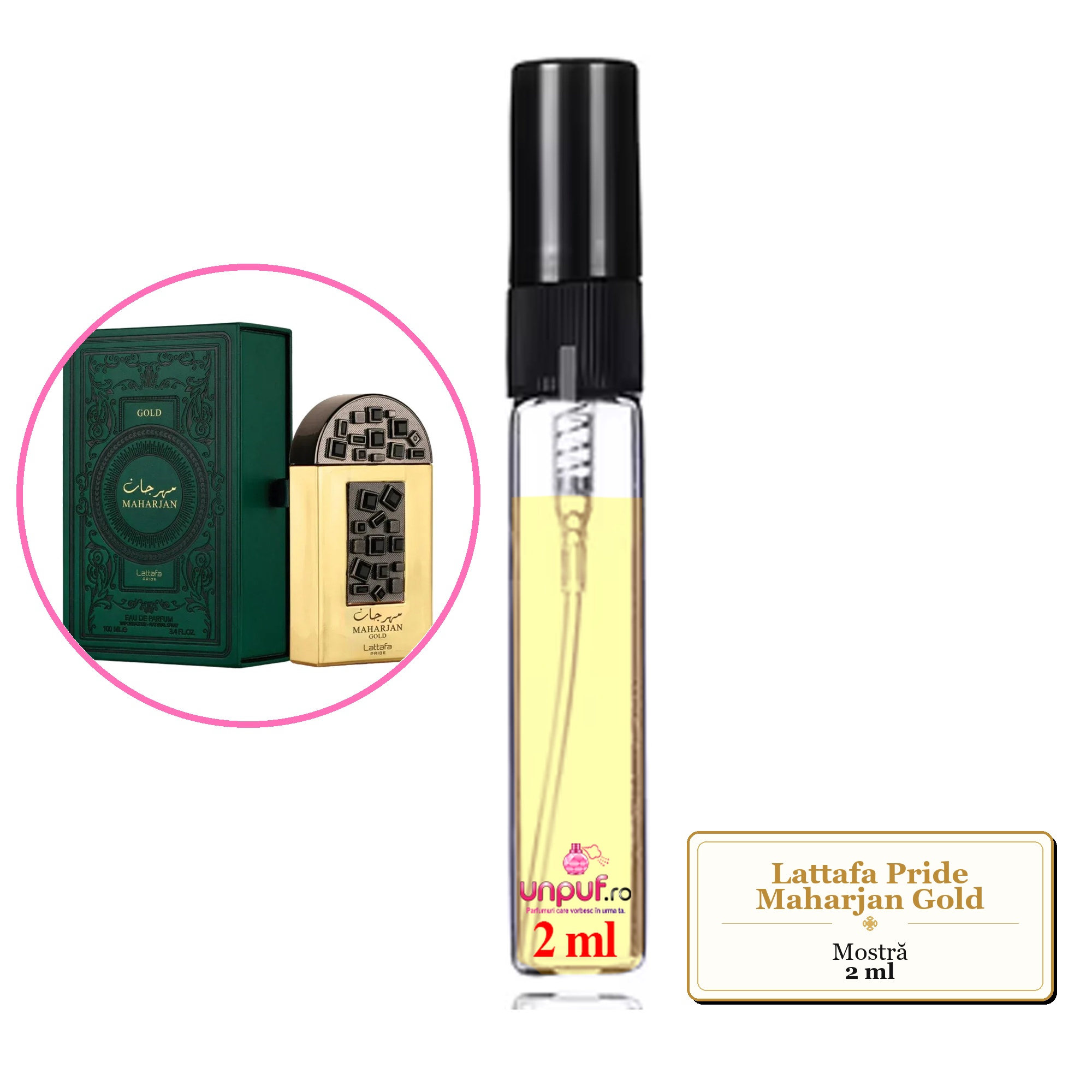 Mostra fiola din Parfumul Lattafa Pride Maharjan Gold, decant sticla cu pulverizator 