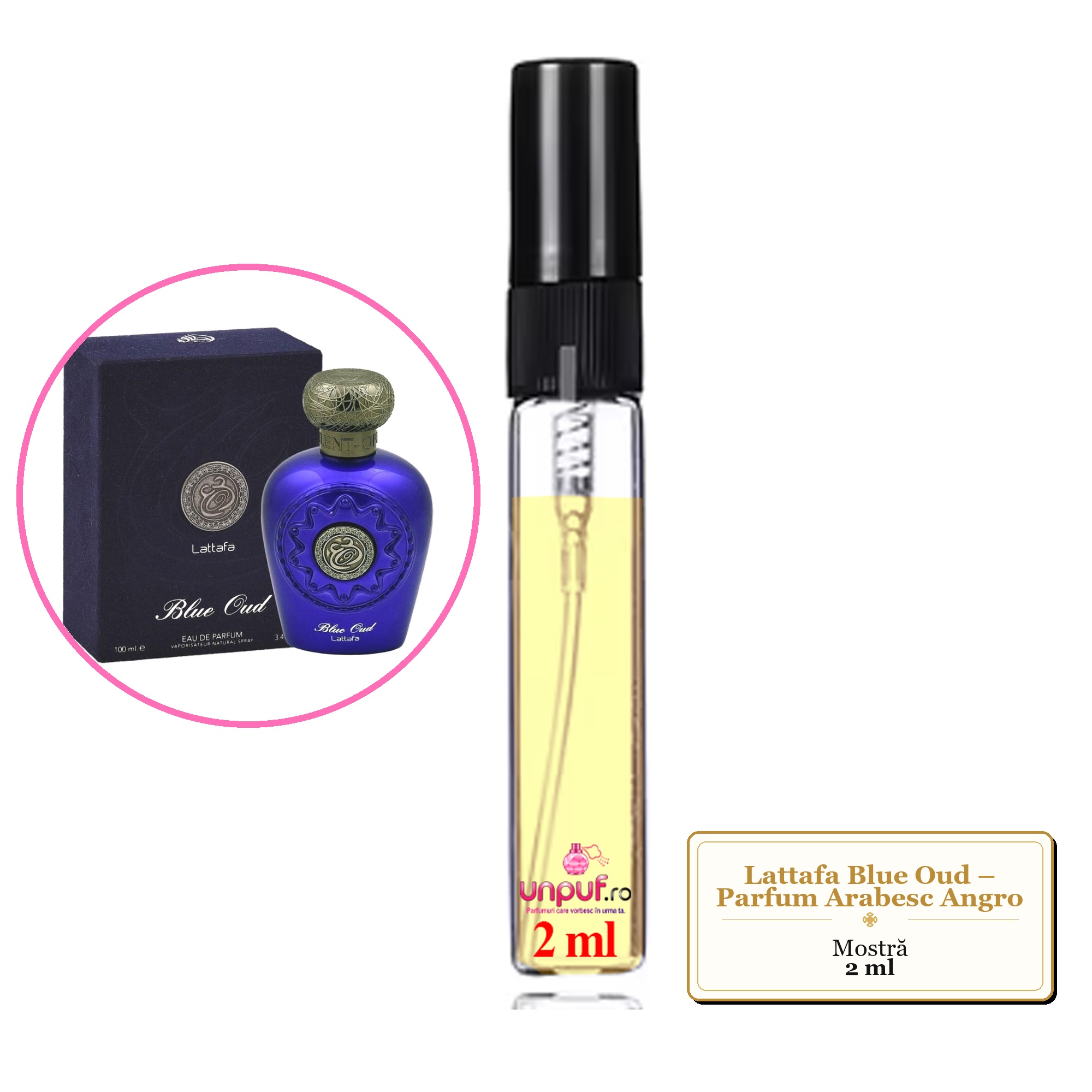 Mostra fiola din Parfumul Lattafa Blue Oud – Parfum Arabesc Angro, decant sticla cu pulverizator