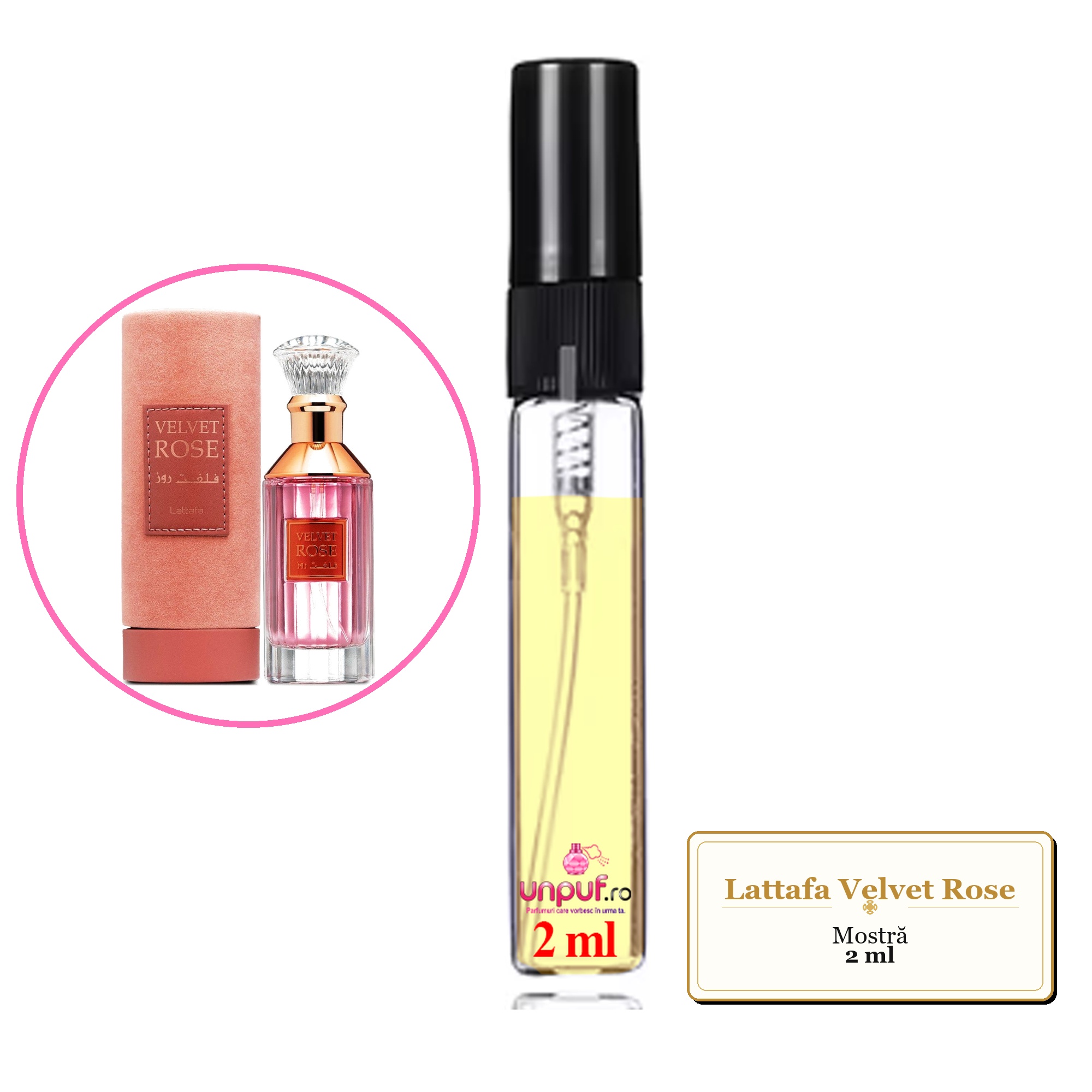 Mostra fiola din Parfumul Lattafa Velvet Rose, decant sticla cu pulverizator 
