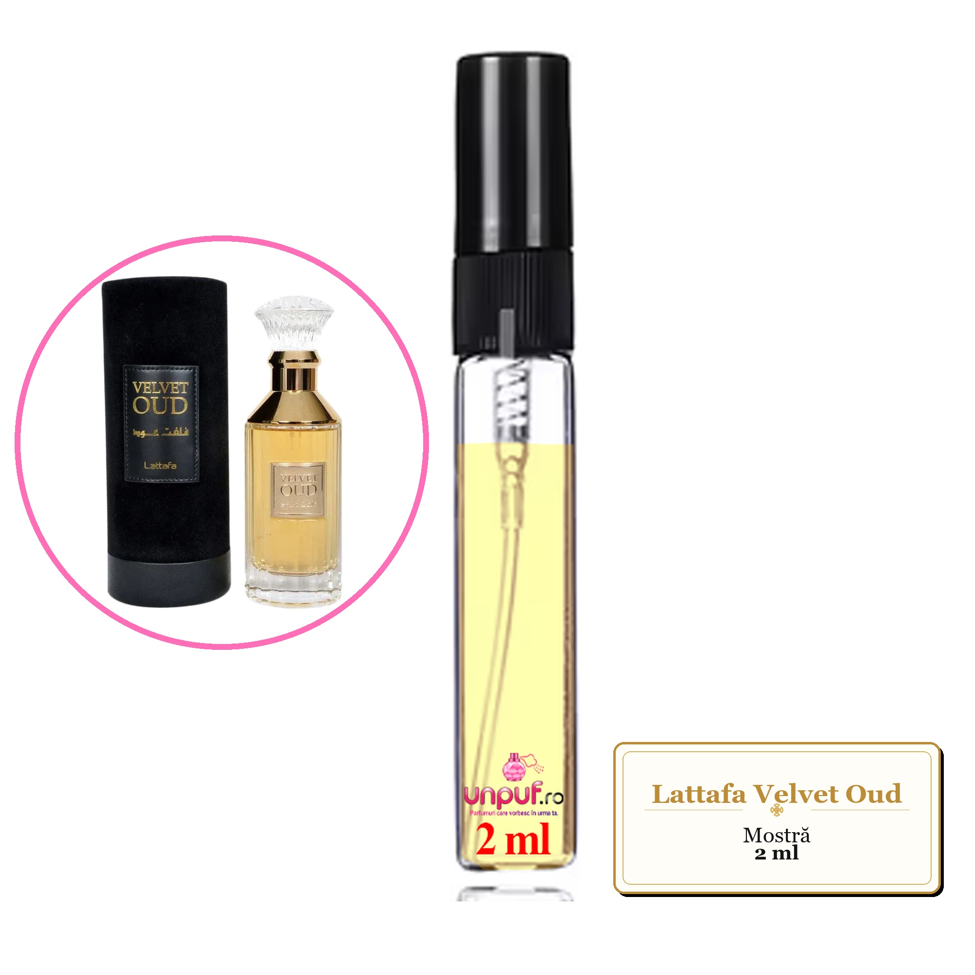 Mostra fiola din Parfumul Lattafa Velvet Oud, decant sticla cu pulverizator 