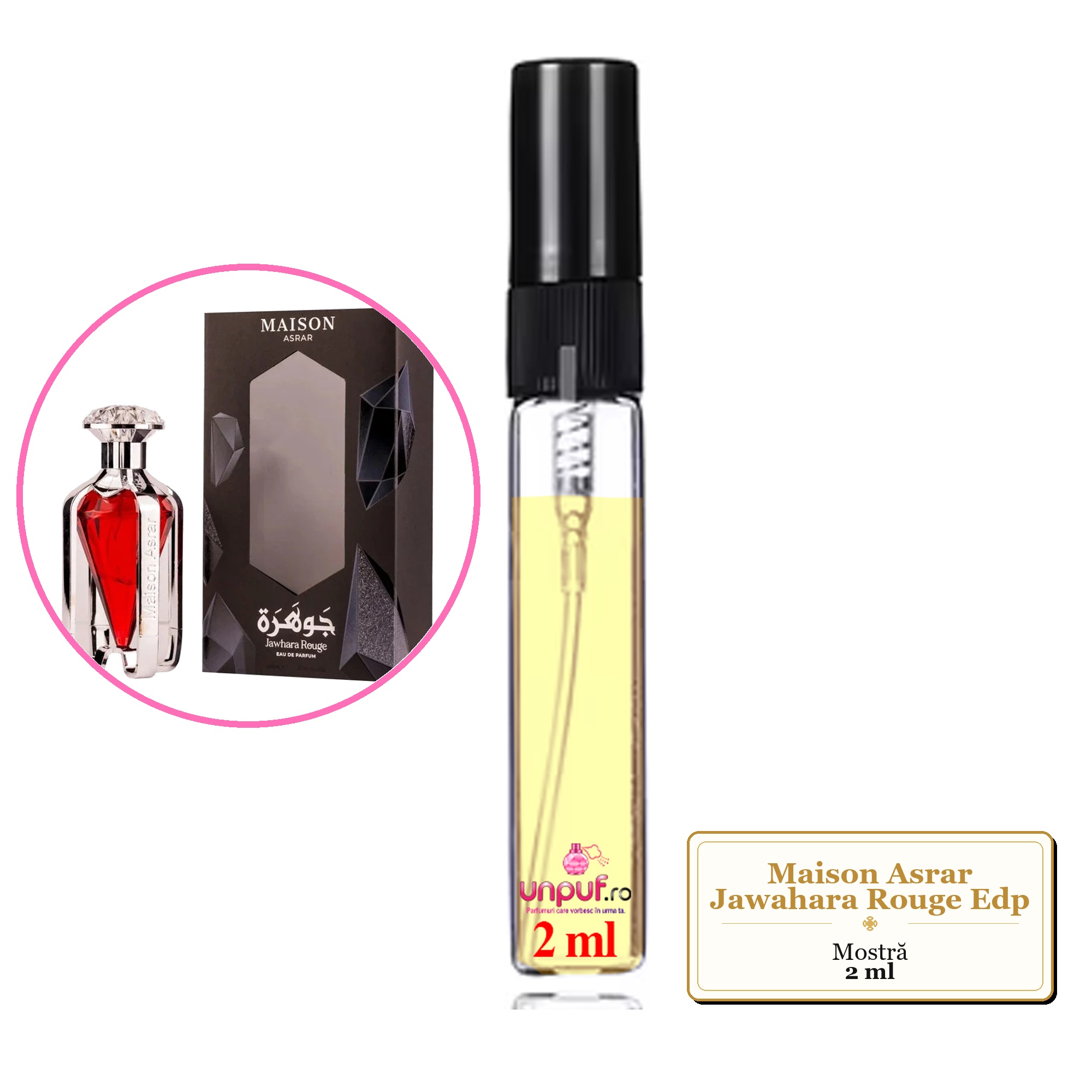 Mostra fiola din Parfumul Maison Asrar Jawahara Rouge Edp, decant sticla cu pulverizator