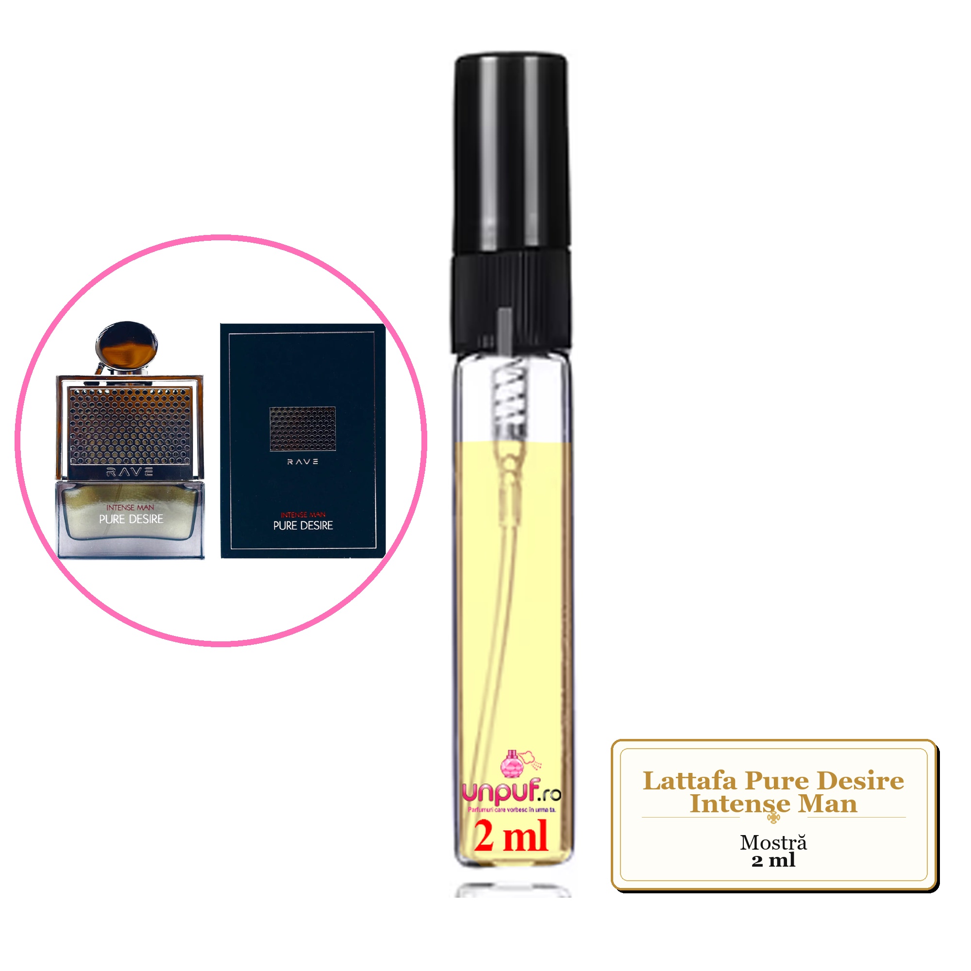 Mostra fiola din Parfumul Lattafa Pure Desire Intense Man, decant sticla cu pulverizator