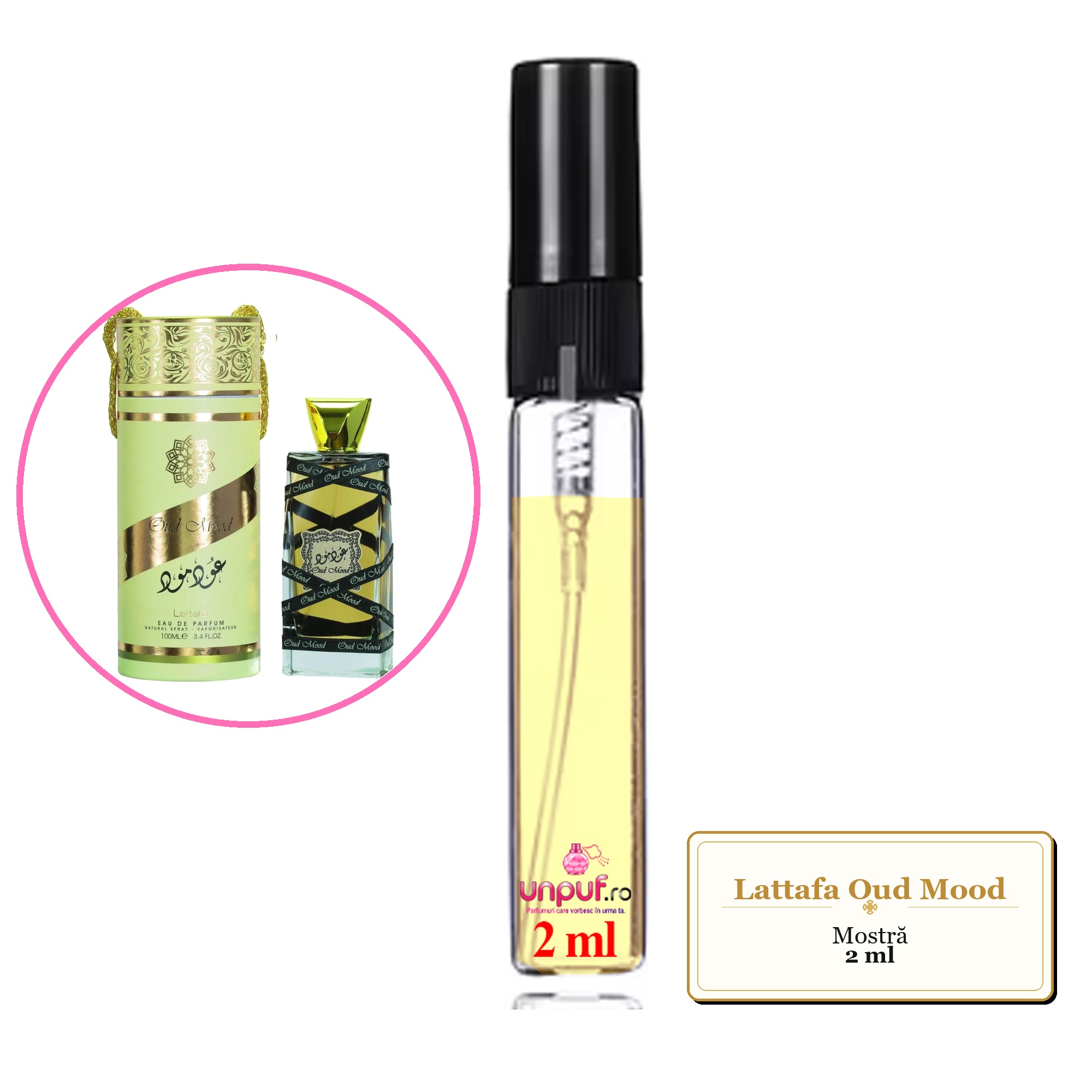 Mostra fiola din Parfumul Lattafa Oud Mood, decant sticla cu pulverizator 