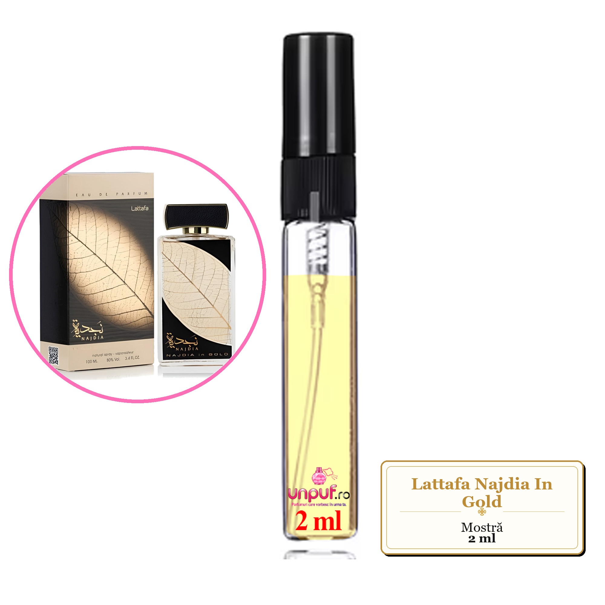 Mostra fiola din Parfumul Lattafa Najdia In Gold, decant sticla cu pulverizator 