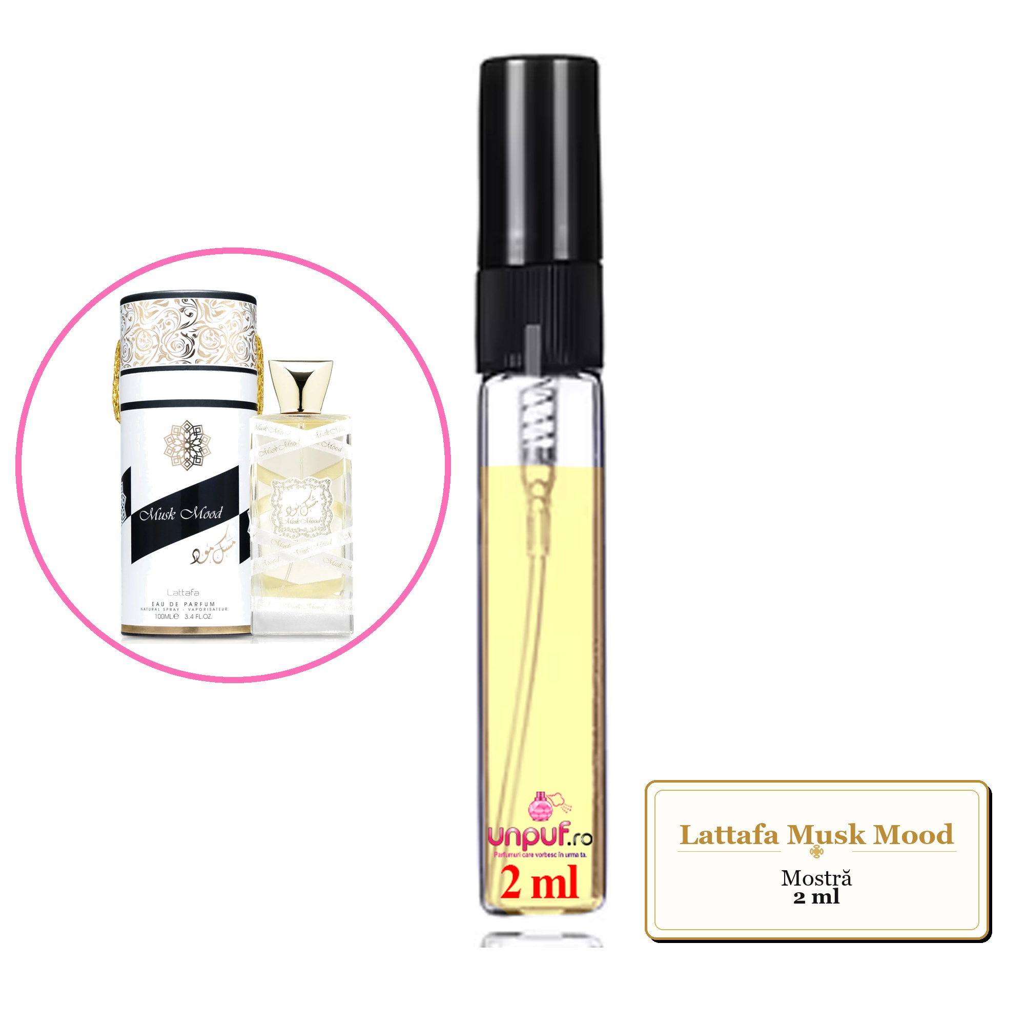Mostra fiola din Parfumul Lattafa Musk Mood, decant sticla cu pulverizator 
