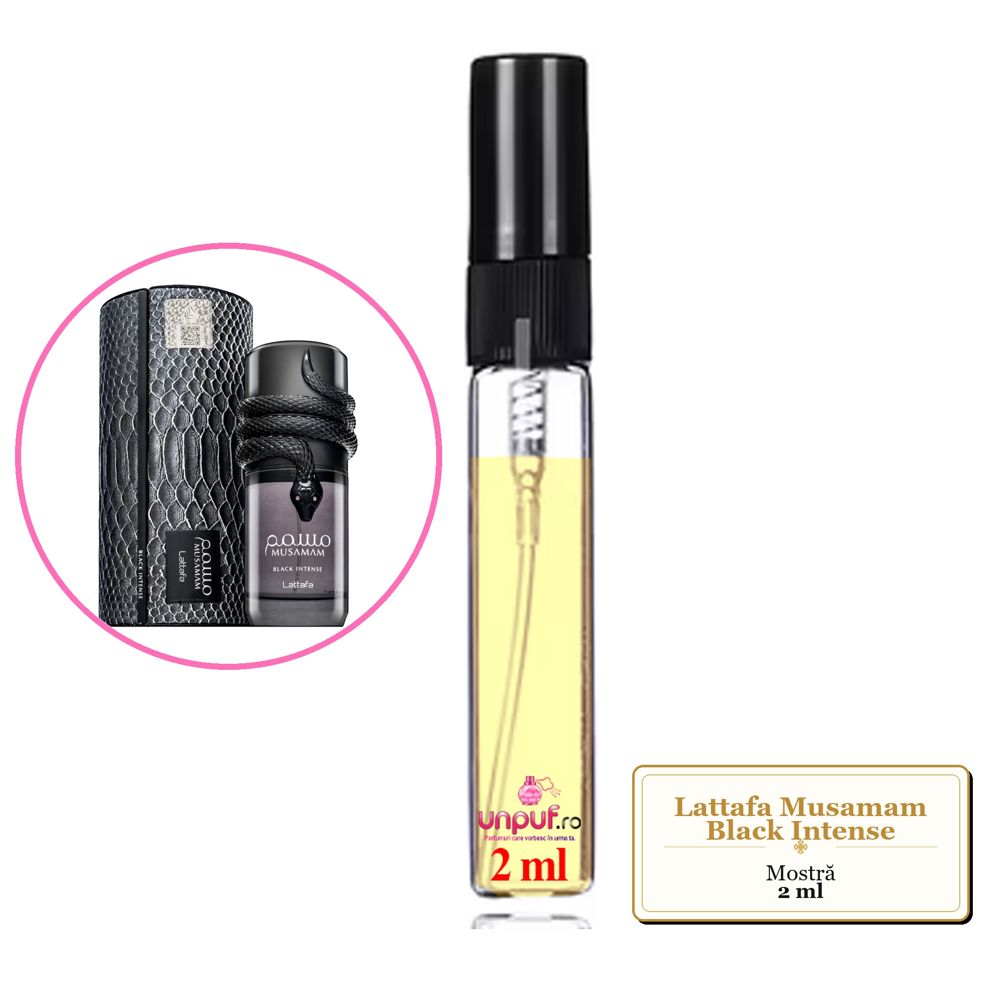 Mostra fiola din Parfumul Lattafa Musamam Black Intense, decant sticla cu pulverizator 