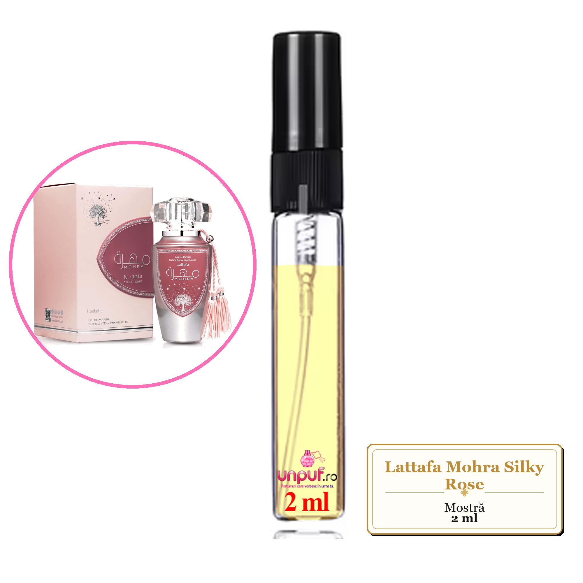 Mostra fiola din Parfumul Lattafa Mohra Silky Rose, decant sticla cu pulverizator 