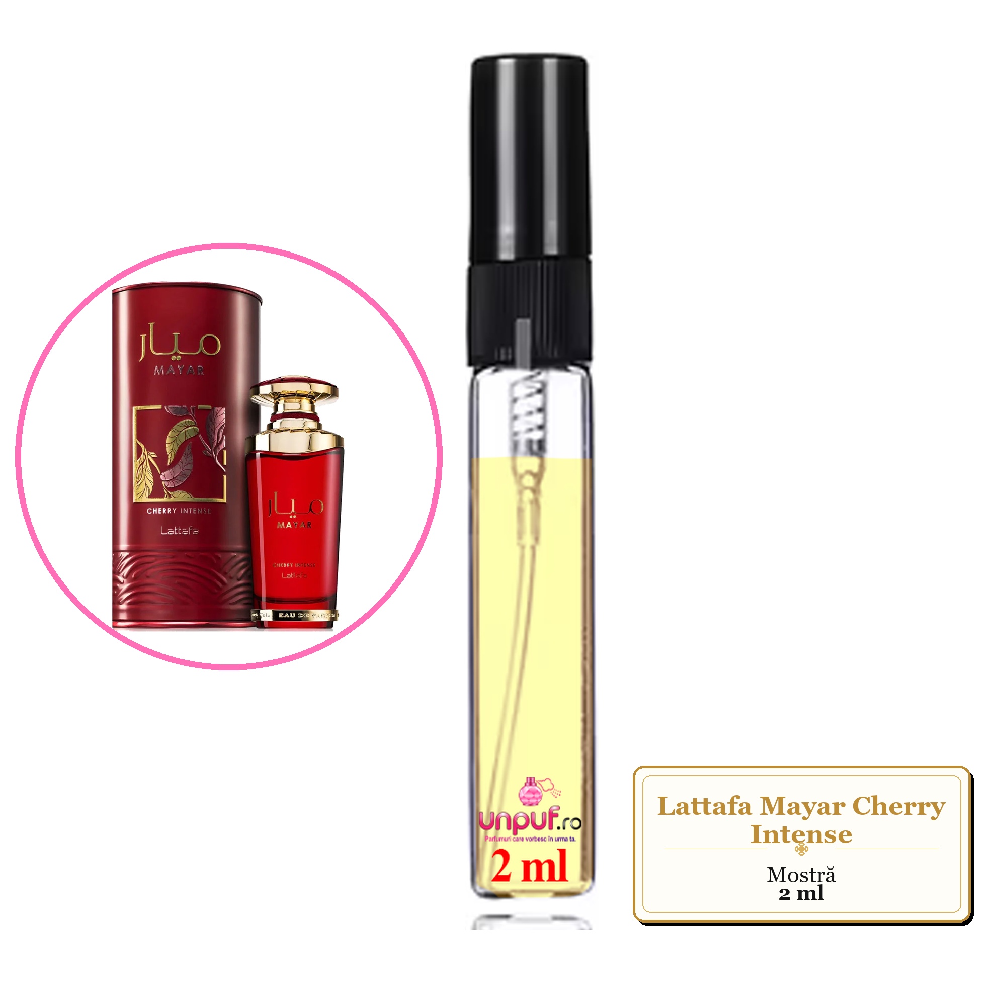 Mostra fiola din Parfumul Lattafa Mayar Cherry Intense, decant sticla cu pulverizator 
