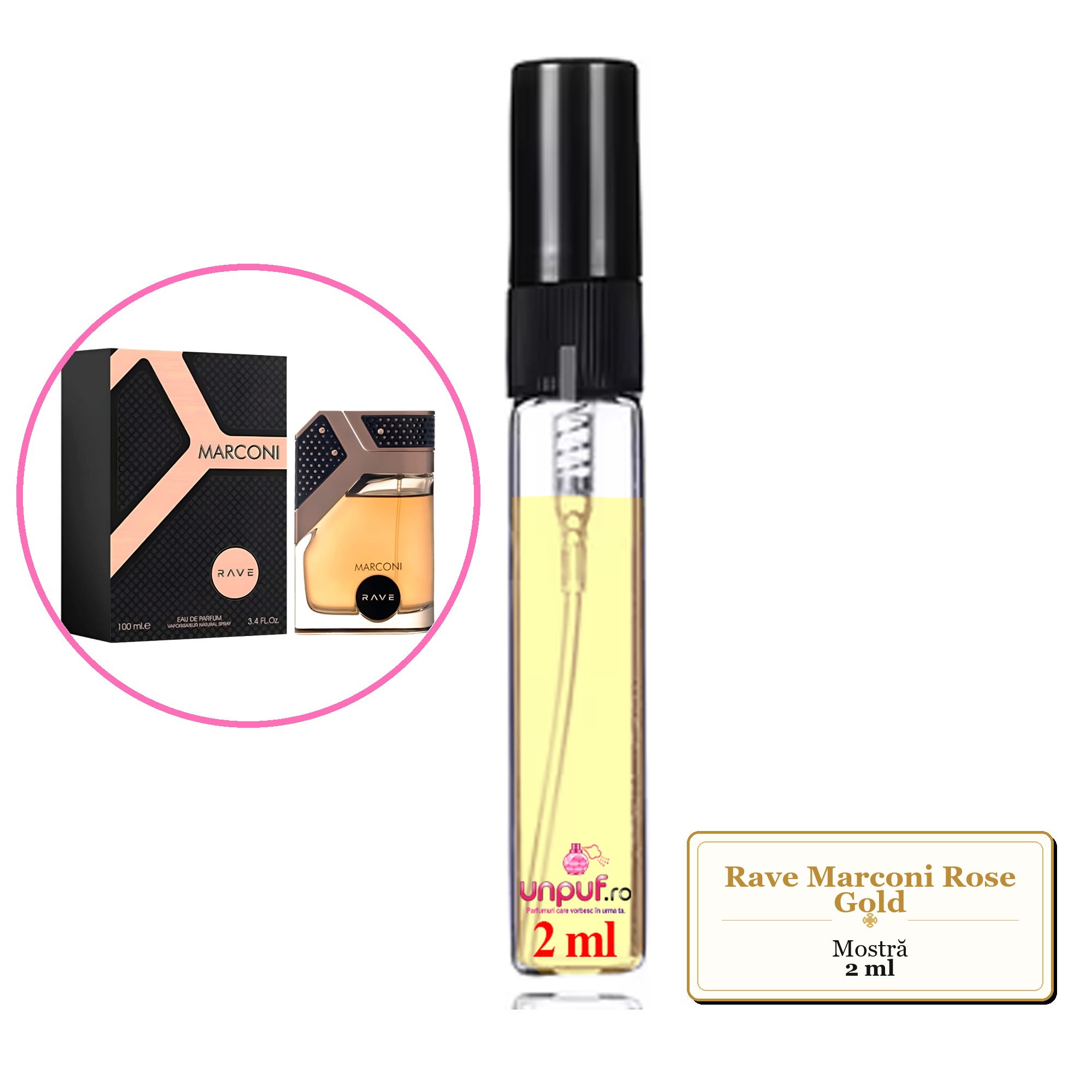 Mostra fiola din Parfumul Rave Marconi Rose Gold, decant sticla cu pulverizator 
