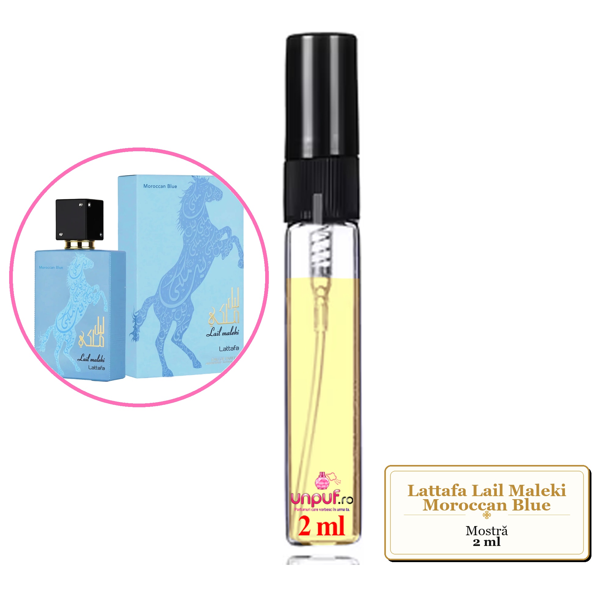 Mostra fiola din Parfumul Lattafa Lail Maleki Moroccan Blue, decant sticla cu pulverizator 