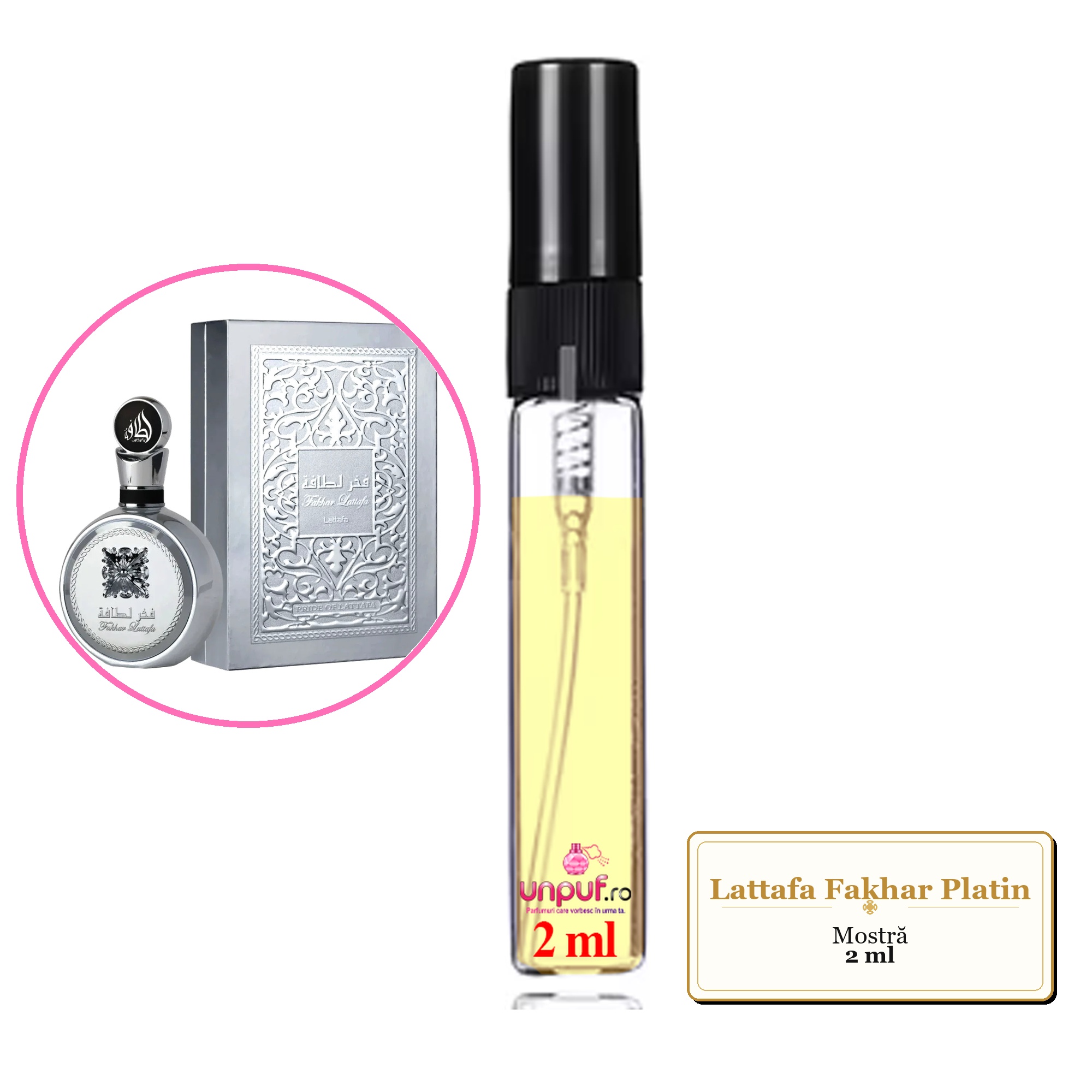 Mostra fiola din Parfumul Lattafa Fakhar Platin, decant sticla cu pulverizator 