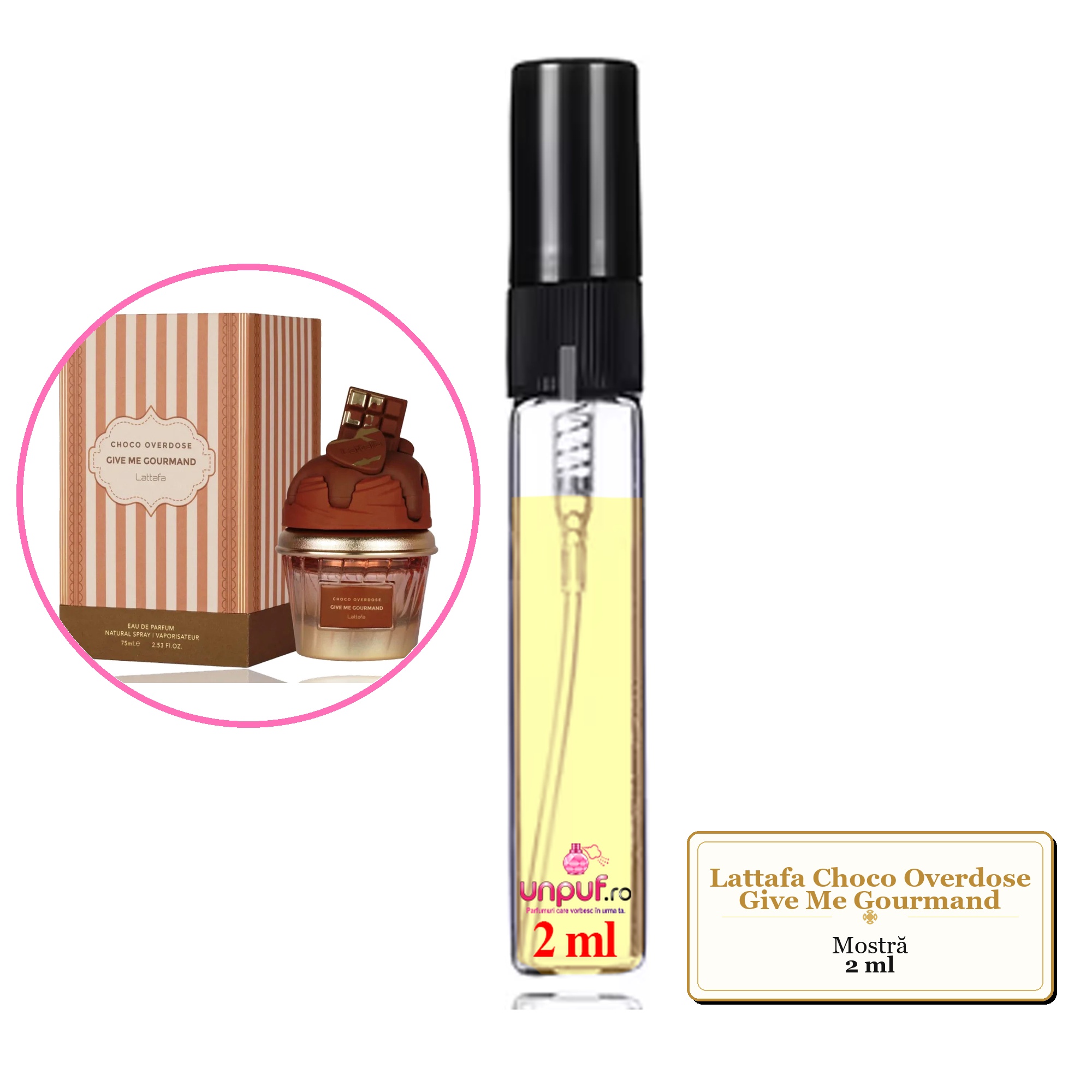 Mostra fiola din Parfumul Lattafa Choco Overdose Give Me Gourmand, decant sticla cu pulverizator