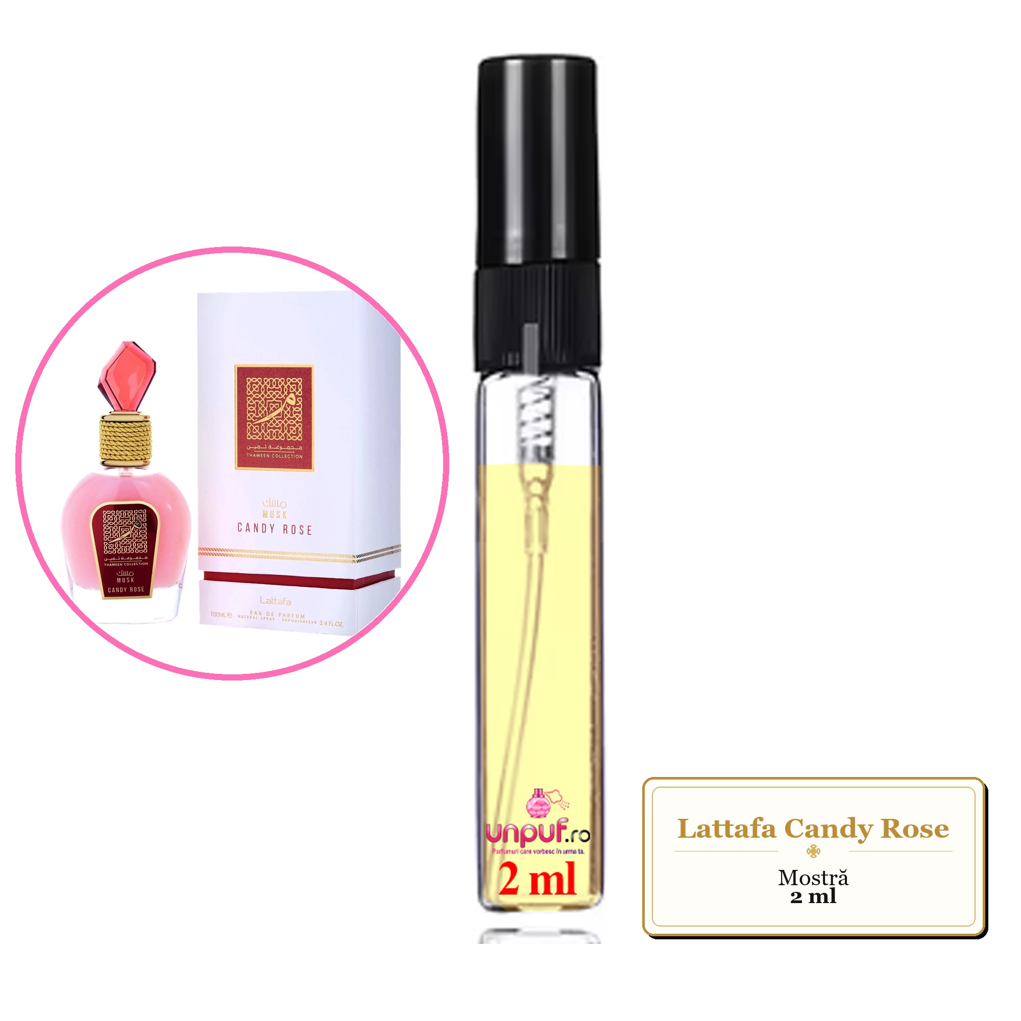 Mostra fiola din Parfumul Lattafa Candy Rose, decant sticla cu pulverizator 