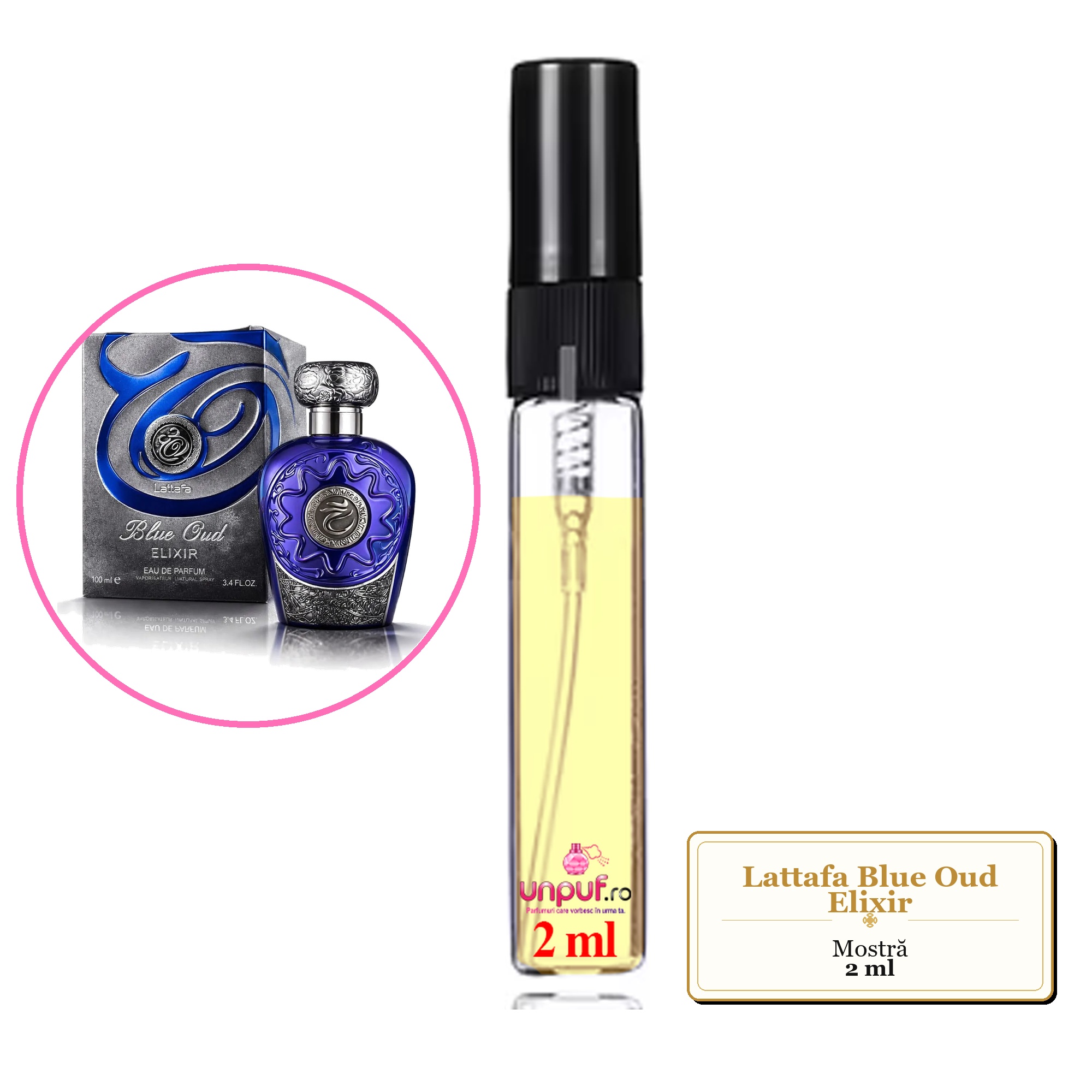 Mostra fiola din Parfumul Lattafa Blue Oud Elixir, decant sticla cu pulverizator