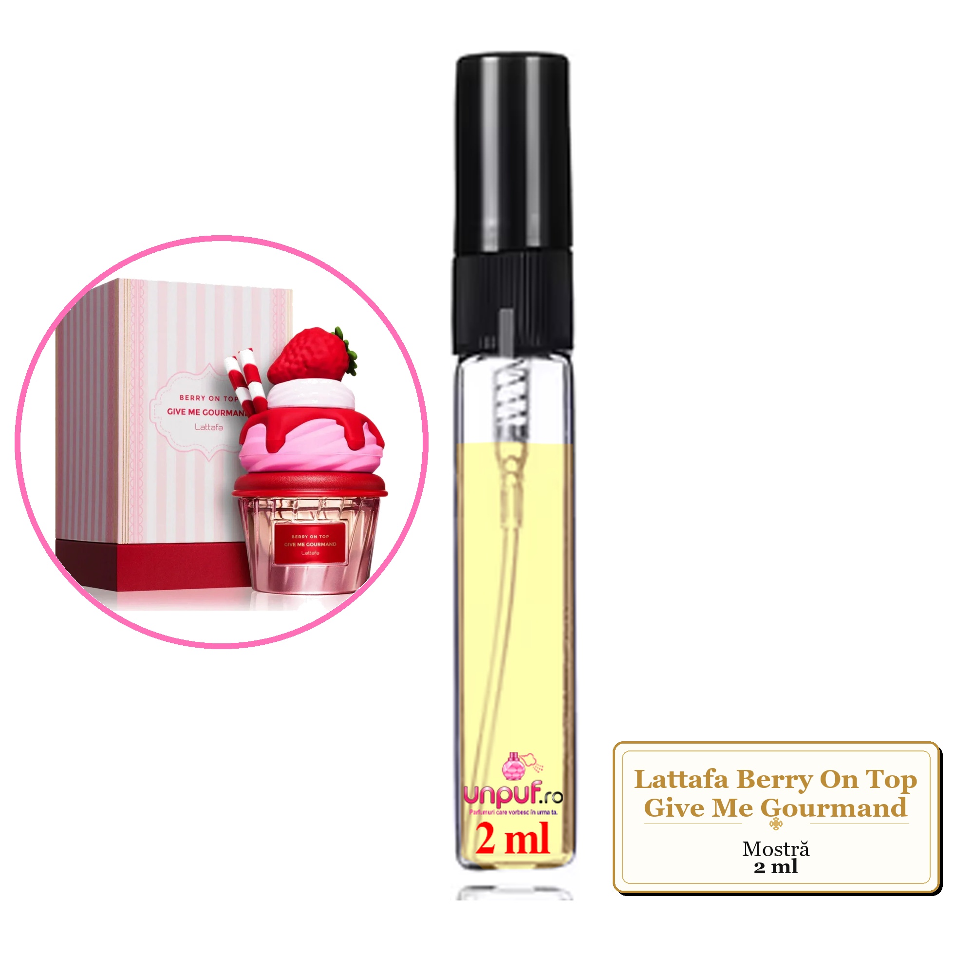 Mostra fiola din Parfumul Lattafa Berry On Top Give Me Gourmand, decant sticla cu pulverizator 