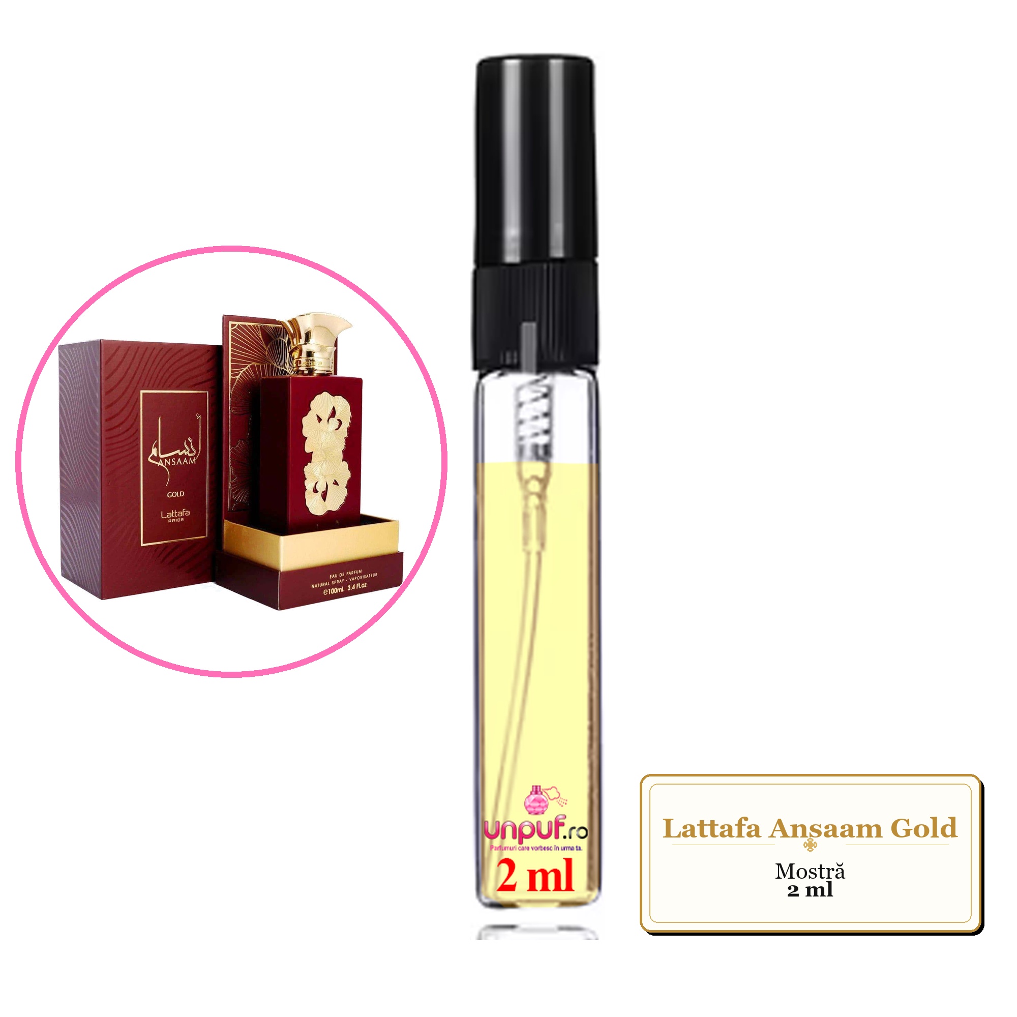 Mostra fiola din Parfumul Lattafa Ansaam Gold, decant sticla cu pulverizator 