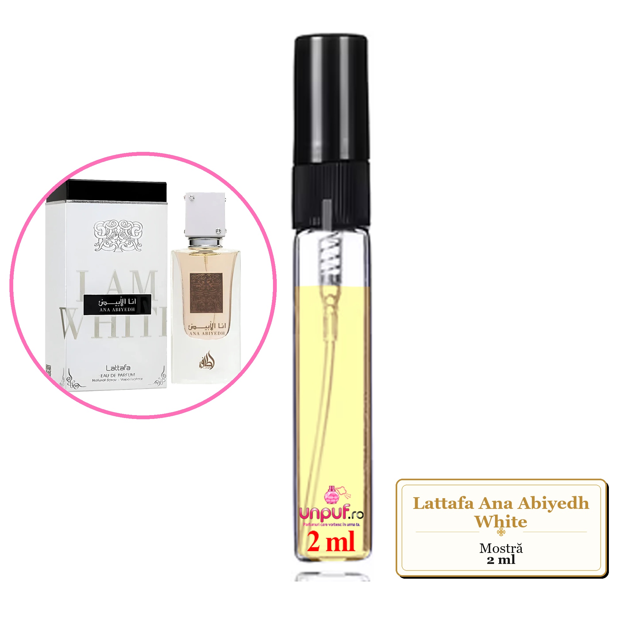 Mostra fiola din Parfumul Lattafa Ana Abiyedh White, decant sticla cu pulverizator 