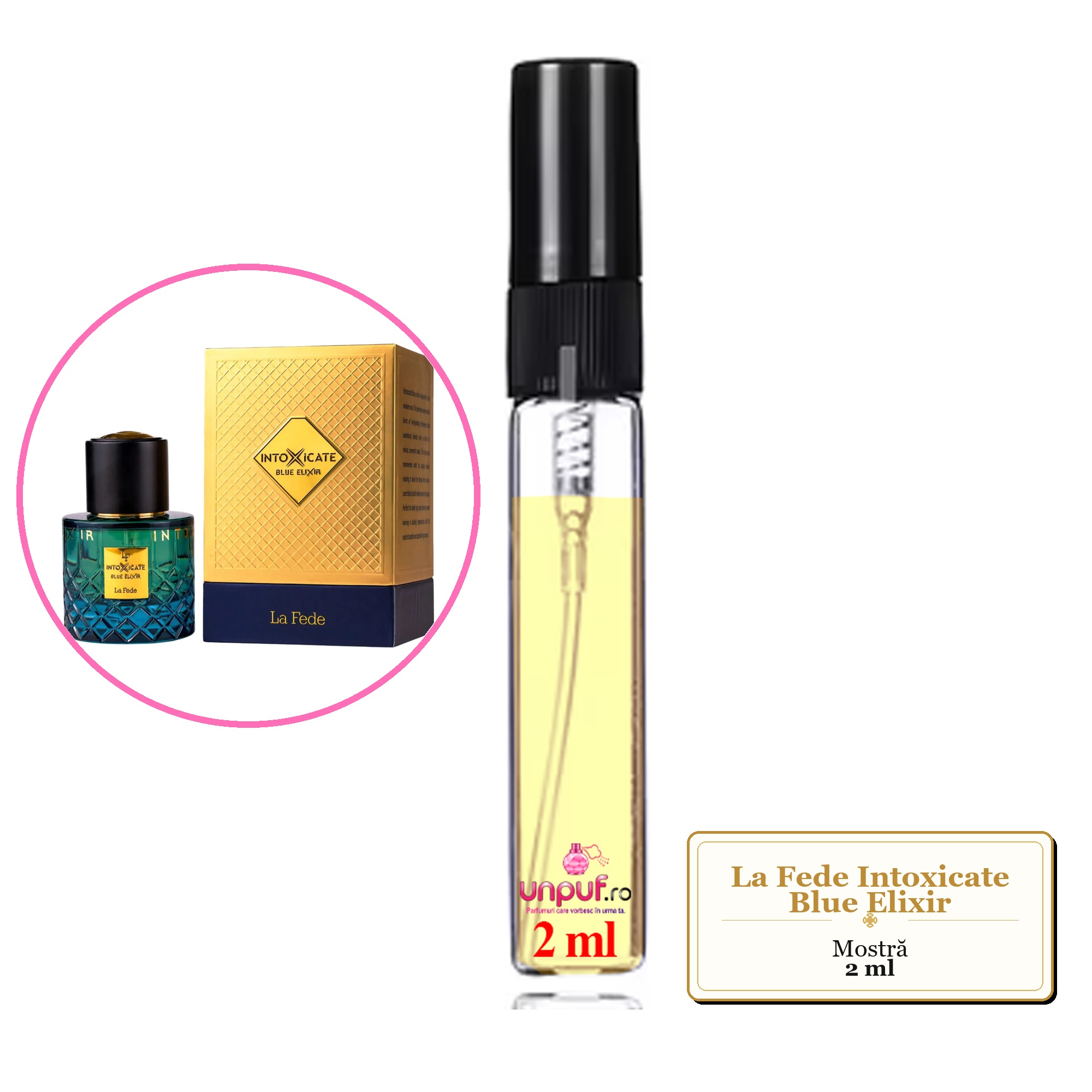 Mostra fiola din Parfumul La Fede Intoxicate Blue Elixir, decant sticla cu pulverizator 