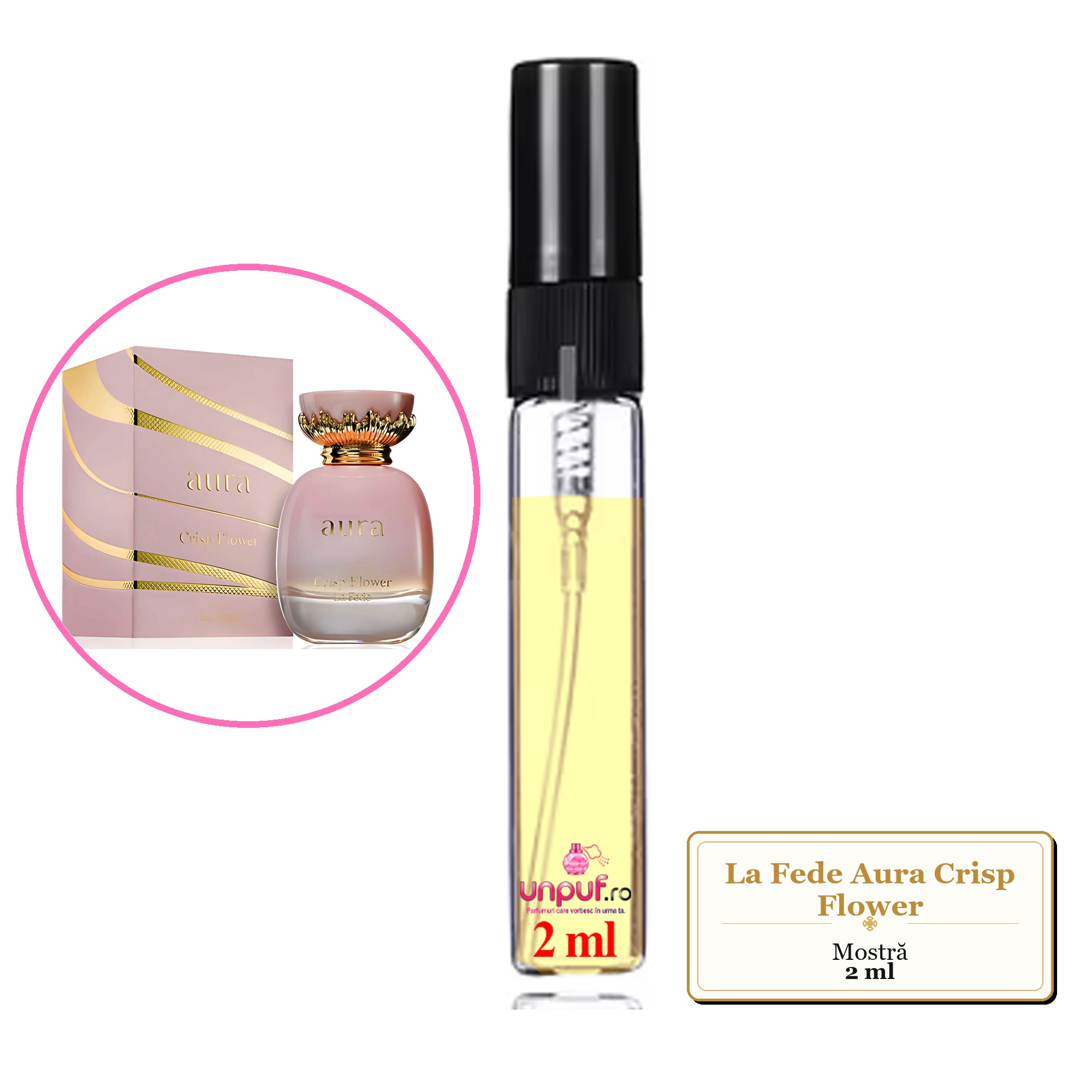 Mostra fiola din Parfumul La Fede Aura Crisp Flower, decant sticla cu pulverizator 
