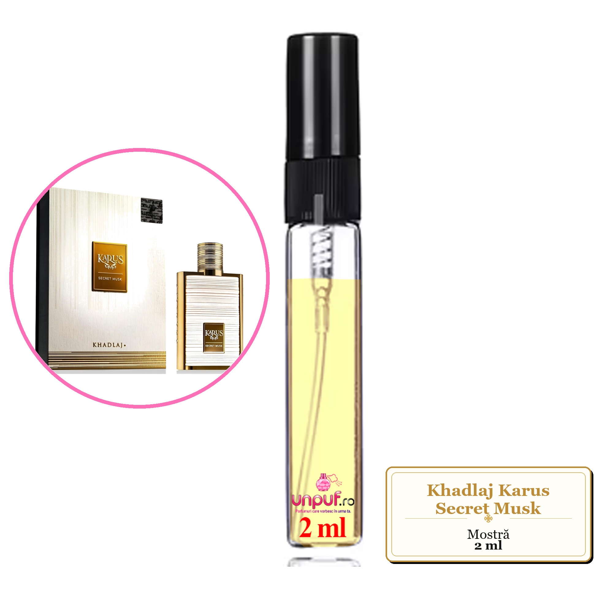 Mostra fiola din Parfumul Khadlaj Karus Secret Musk, decant sticla cu pulverizator 