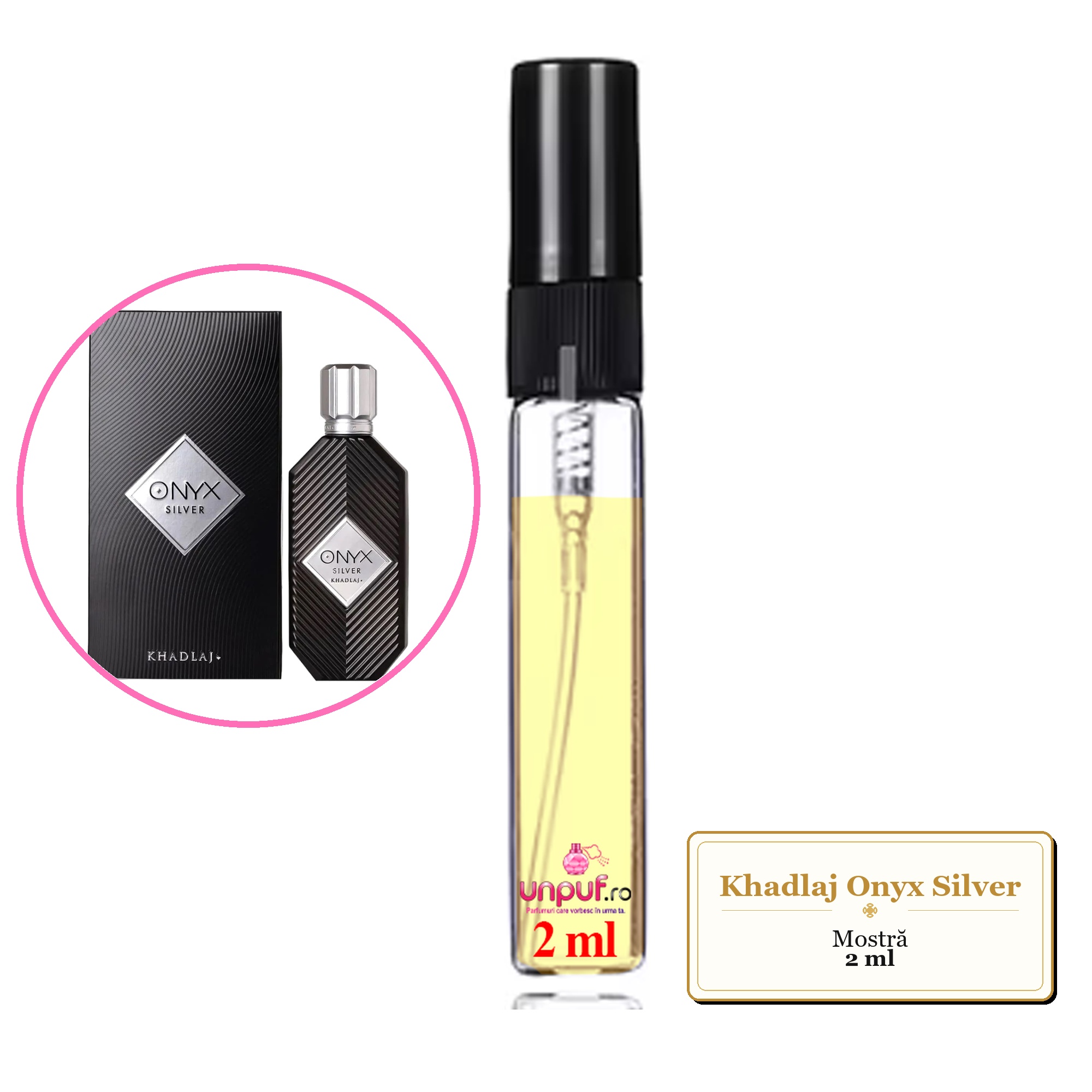 Mostra fiola din Parfumul Khadlaj Onyx Silver, decant sticla cu pulverizator 