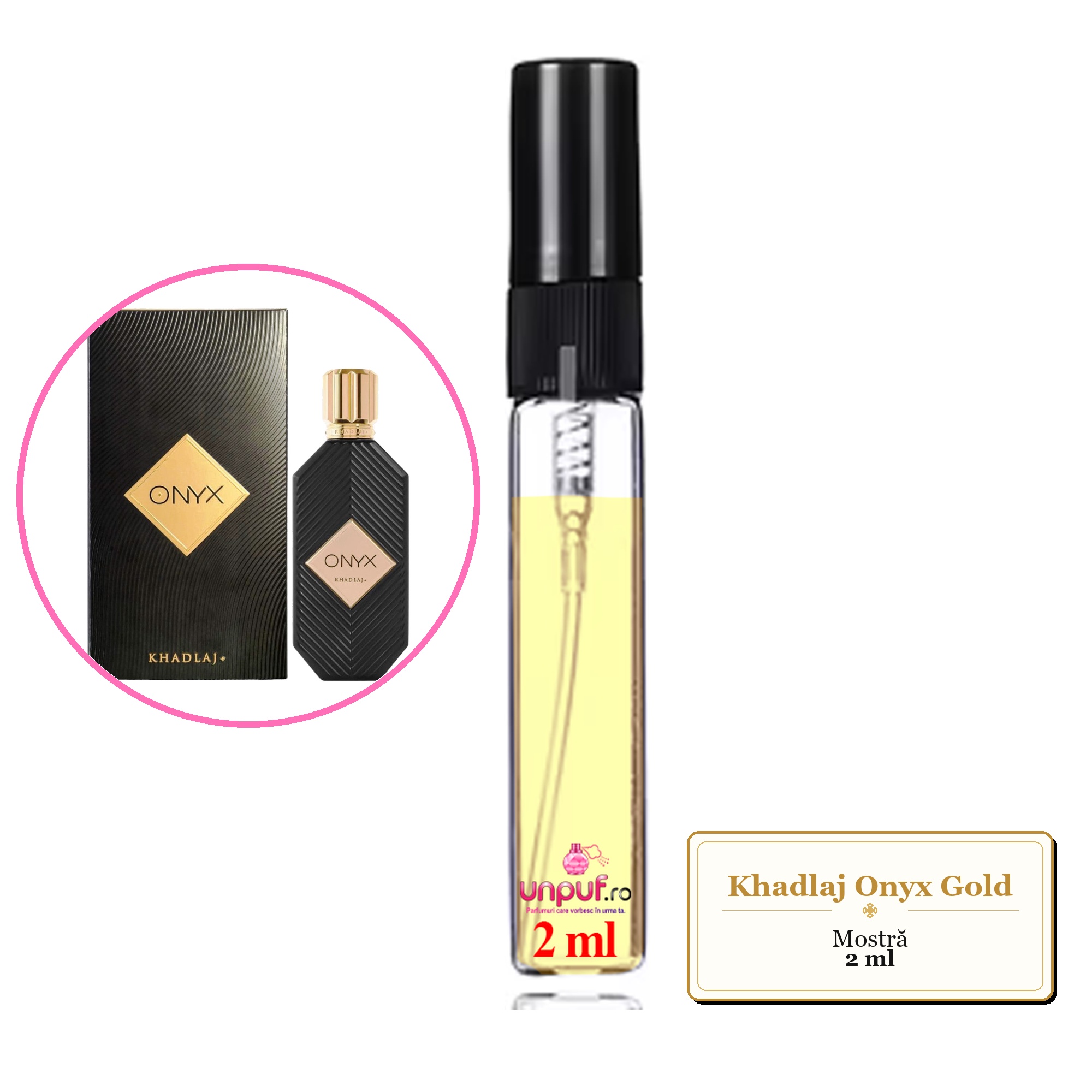 Mostra fiola din Parfumul Khadlaj Onyx Gold, decant sticla cu pulverizator 