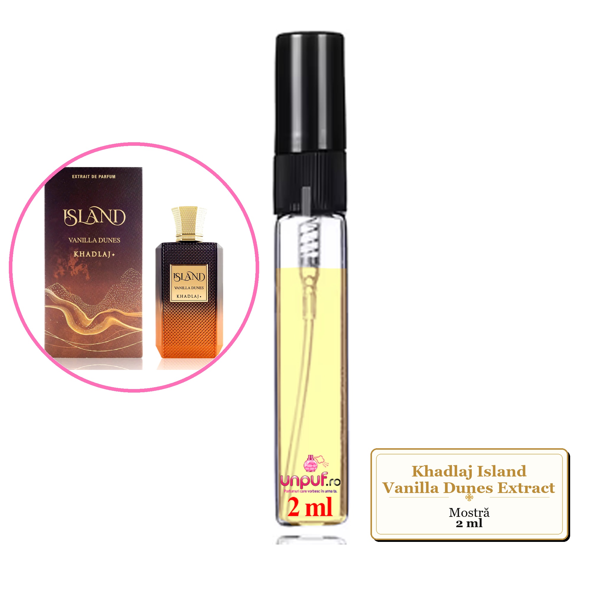 Mostra fiola din Parfumul Khadlaj Island Vanilla Dunes Extract, decant sticla cu pulverizator 
