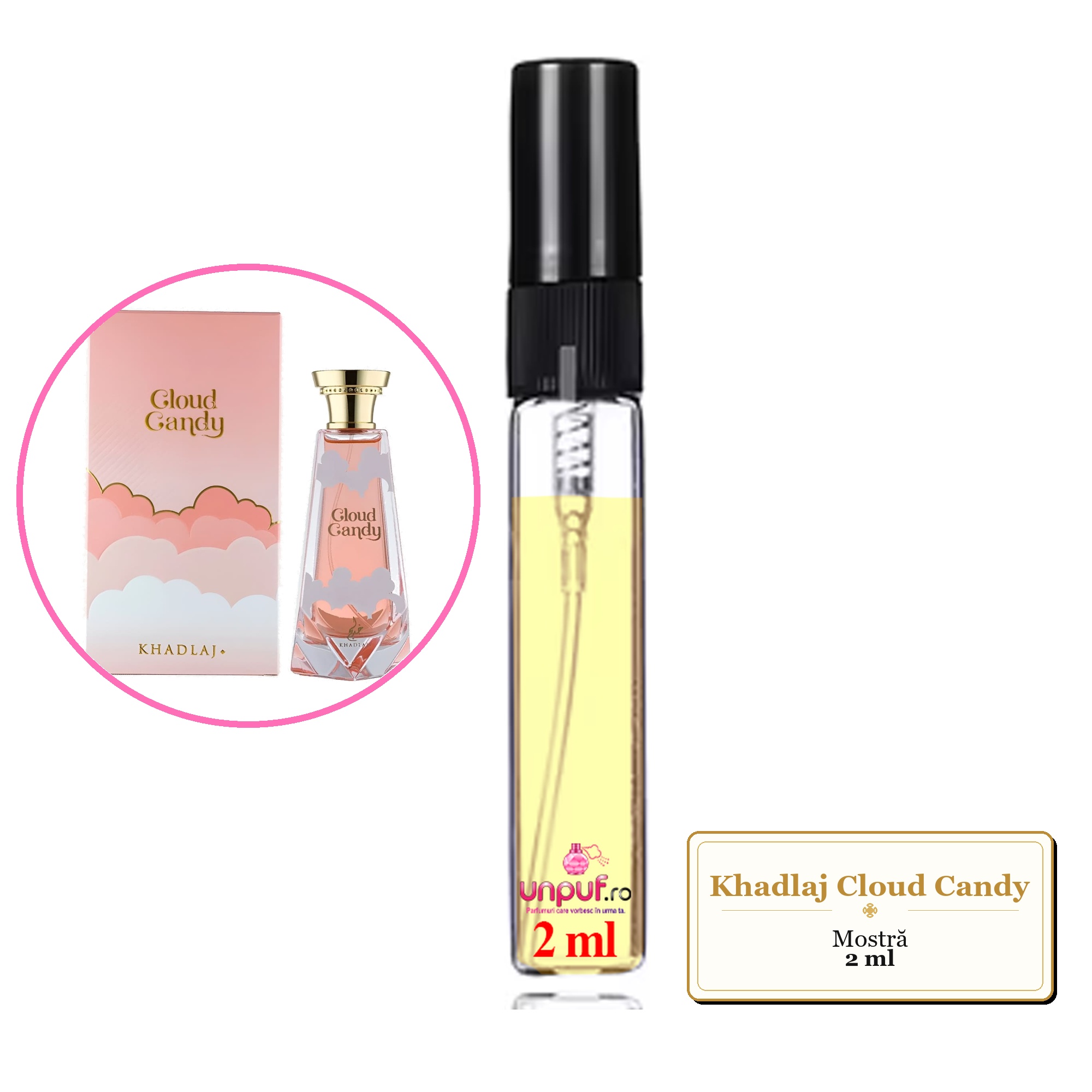 Mostra fiola din Parfumul Khadlaj Cloud Candy, decant sticla cu pulverizator 
