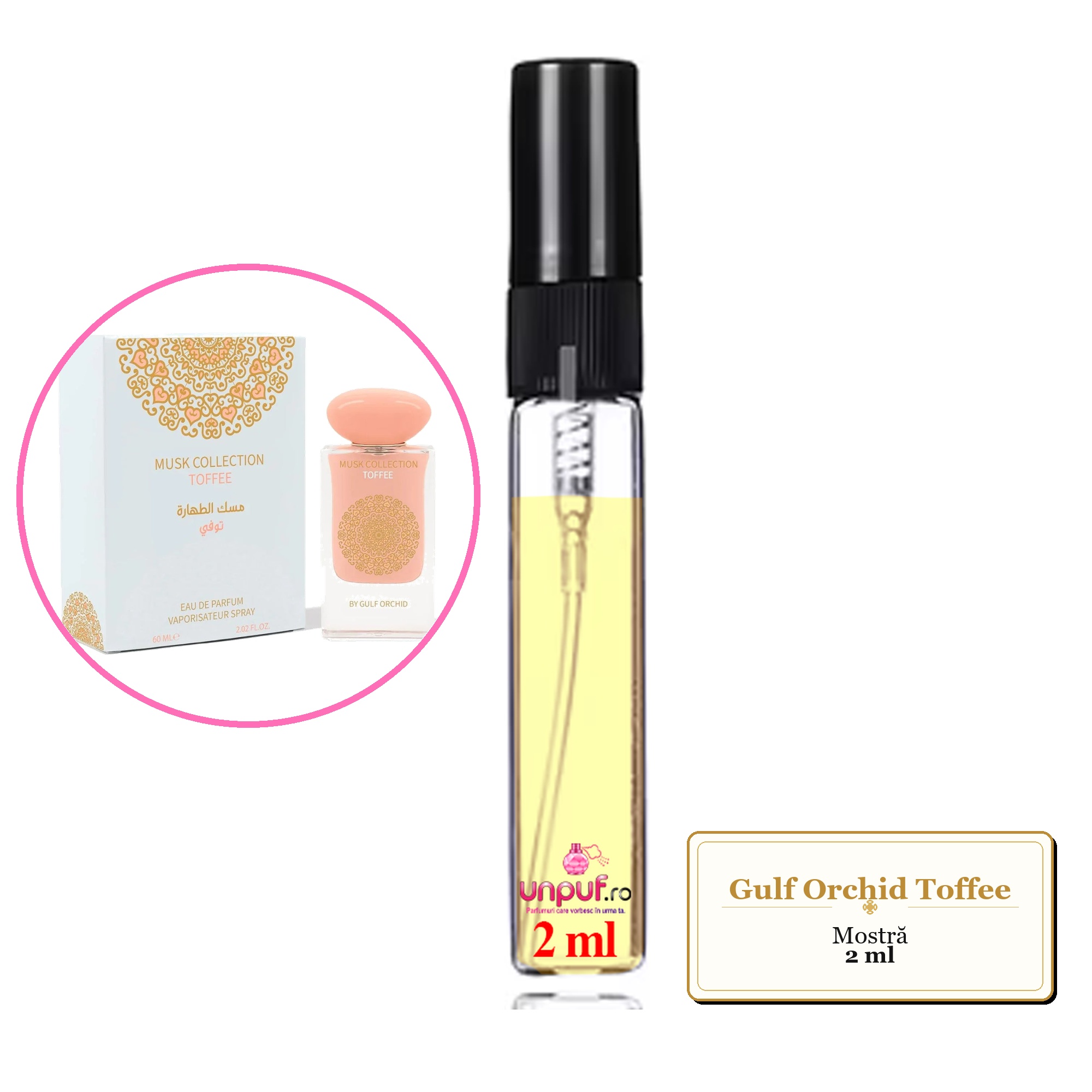 Mostra fiola din Parfumul Gulf Orchid Toffee, decant sticla cu pulverizator 