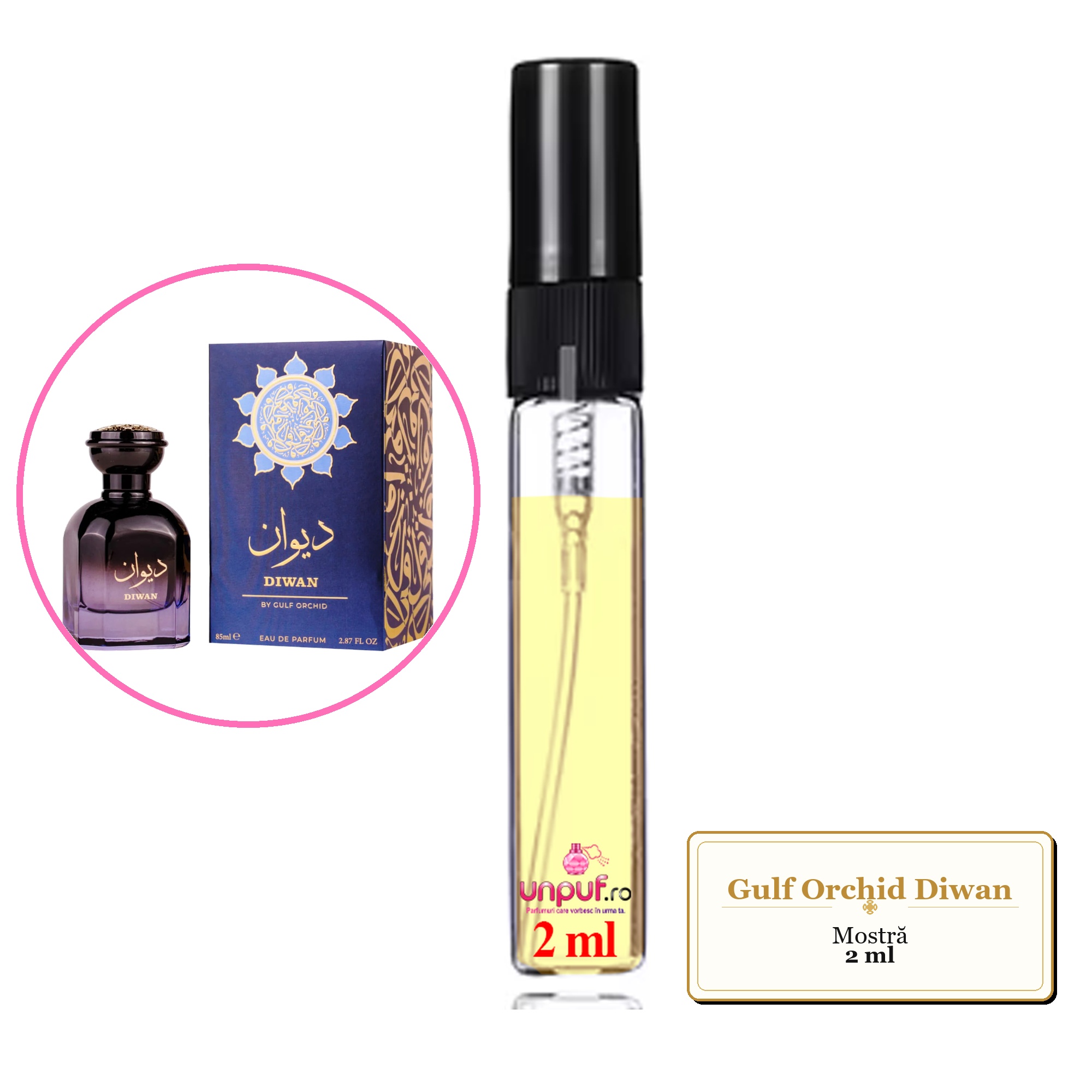 Mostra fiola din Parfumul Gulf Orchid Diwan, decant sticla cu pulverizator 