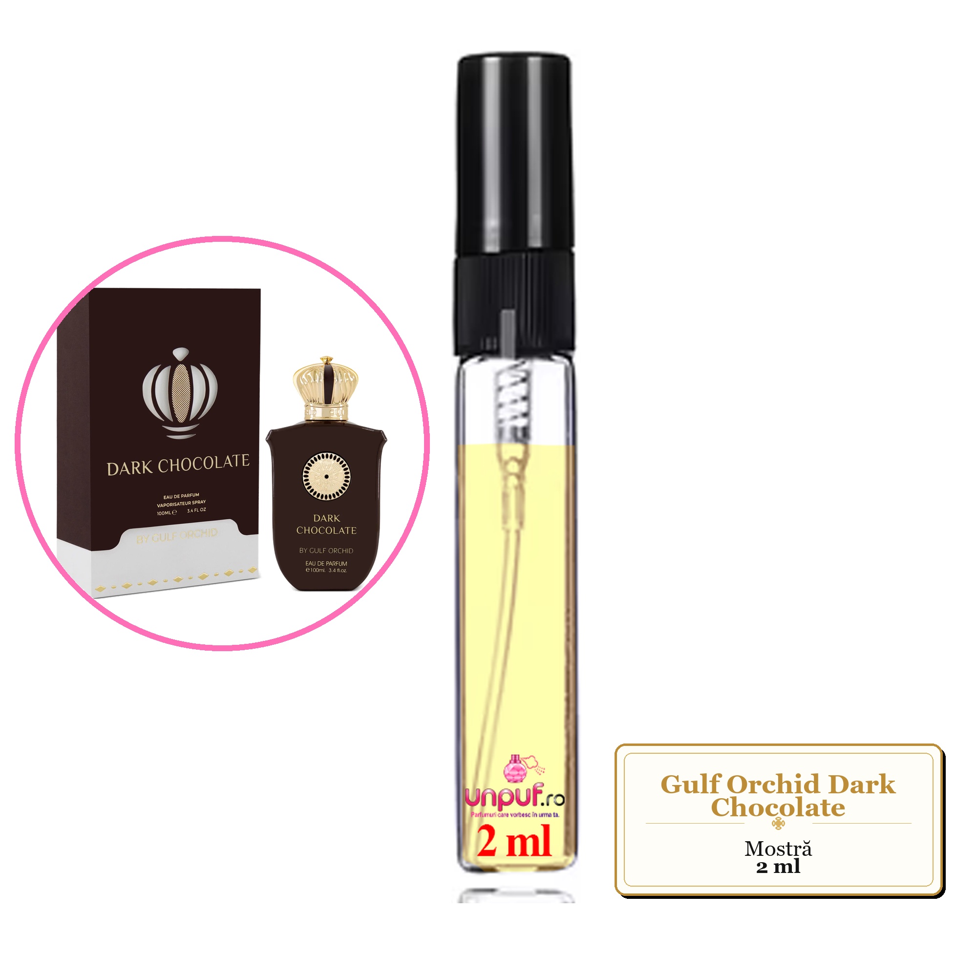 Mostra fiola din Parfumul Gulf Orchid Dark Chocolate, decant sticla cu pulverizator 