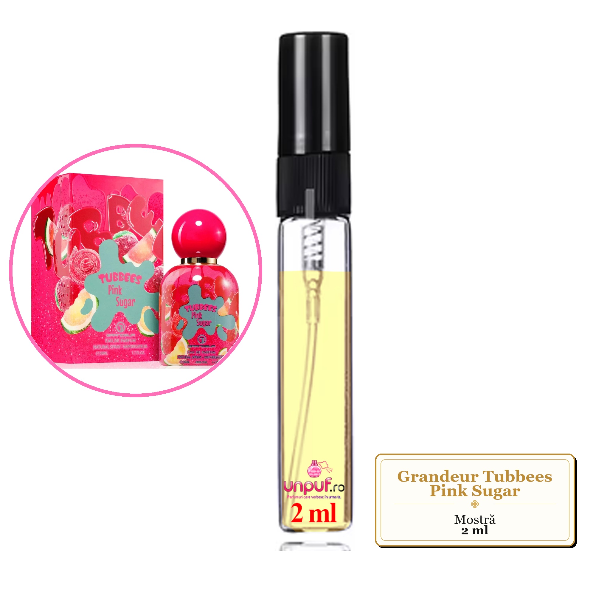 Mostra fiola din Parfumul Grandeur Tubbees Pink Sugar, decant sticla cu pulverizator 