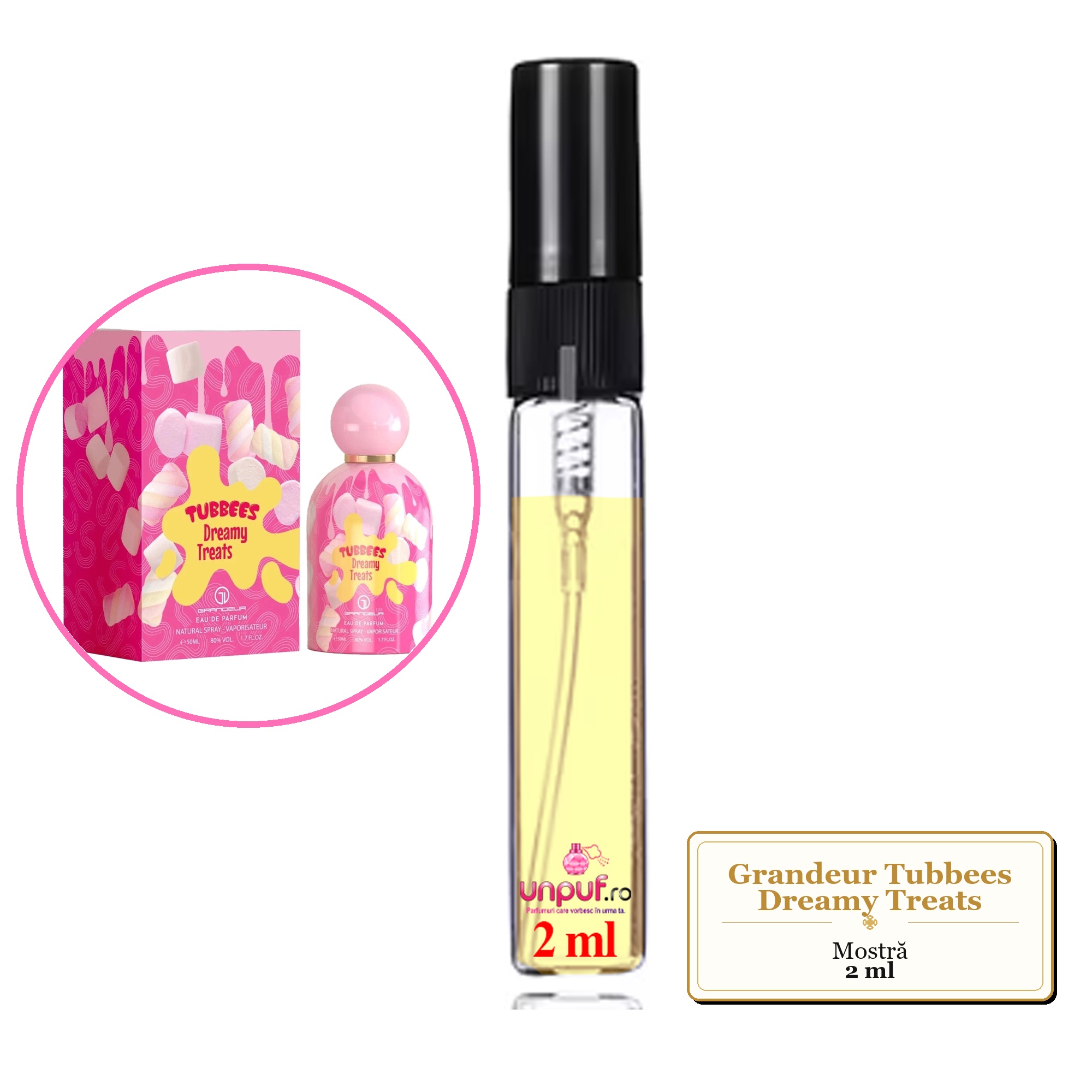 Mostra fiola din Parfumul Grandeur Tubbees Dreamy Treats, decant sticla cu pulverizator 