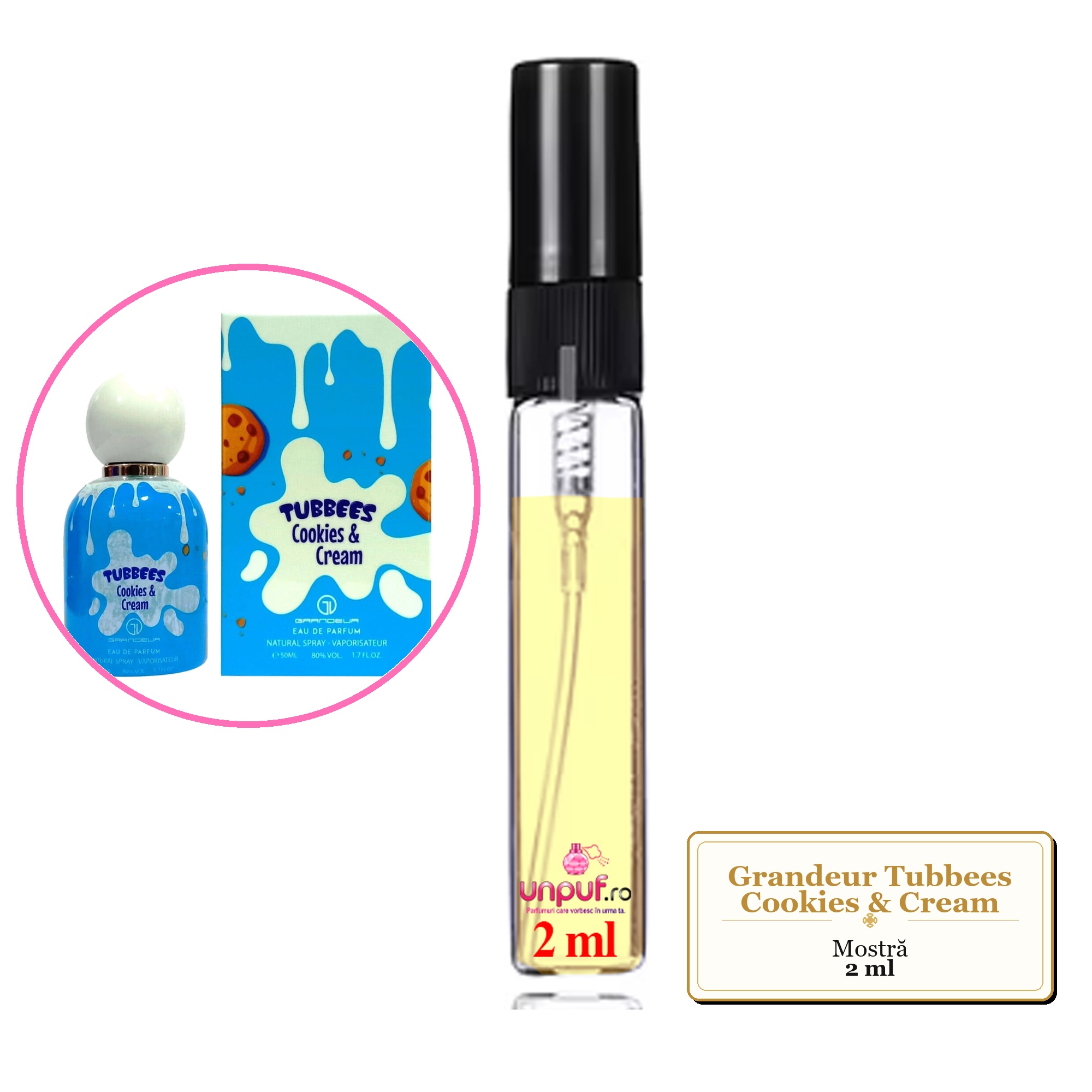 Mostra fiola din Parfumul Grandeur Tubbees Cookies & Cream, decant sticla cu pulverizator 