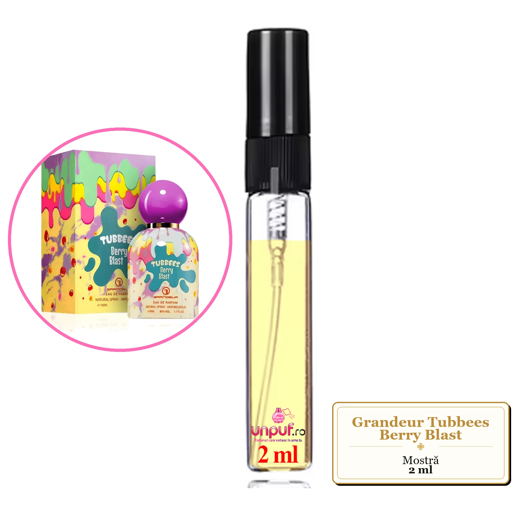 Mostra fiola din Parfumul Grandeur Tubbees Berry Blast, decant sticla cu pulverizator 