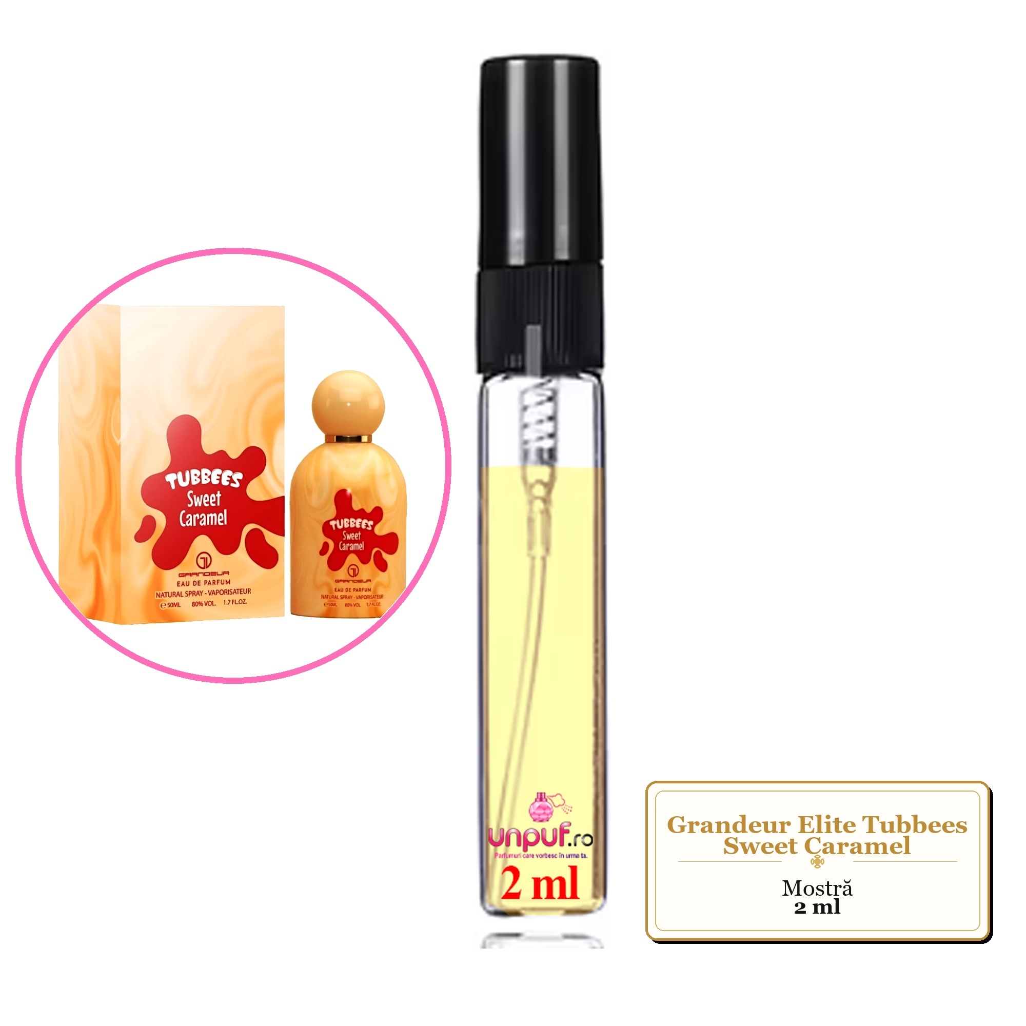 Mostra fiola din Parfumul Grandeur Elite Tubbees Sweet Caramel, decant sticla cu pulverizator 