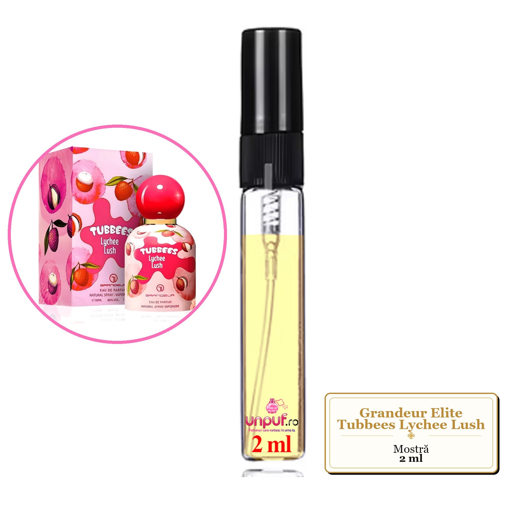 Mostra fiola din Parfumul Grandeur Elite Tubbees Lychee Lush, decant sticla cu pulverizator